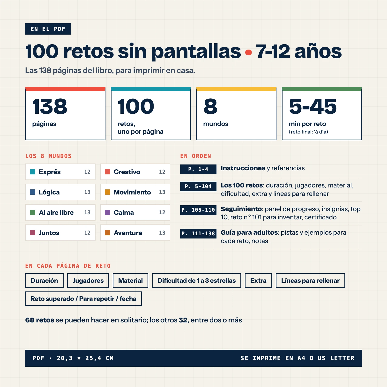 Contenido del PDF: 138 páginas, 100 retos (uno por página), 8 mundos, páginas de seguimiento y una guía para adultos