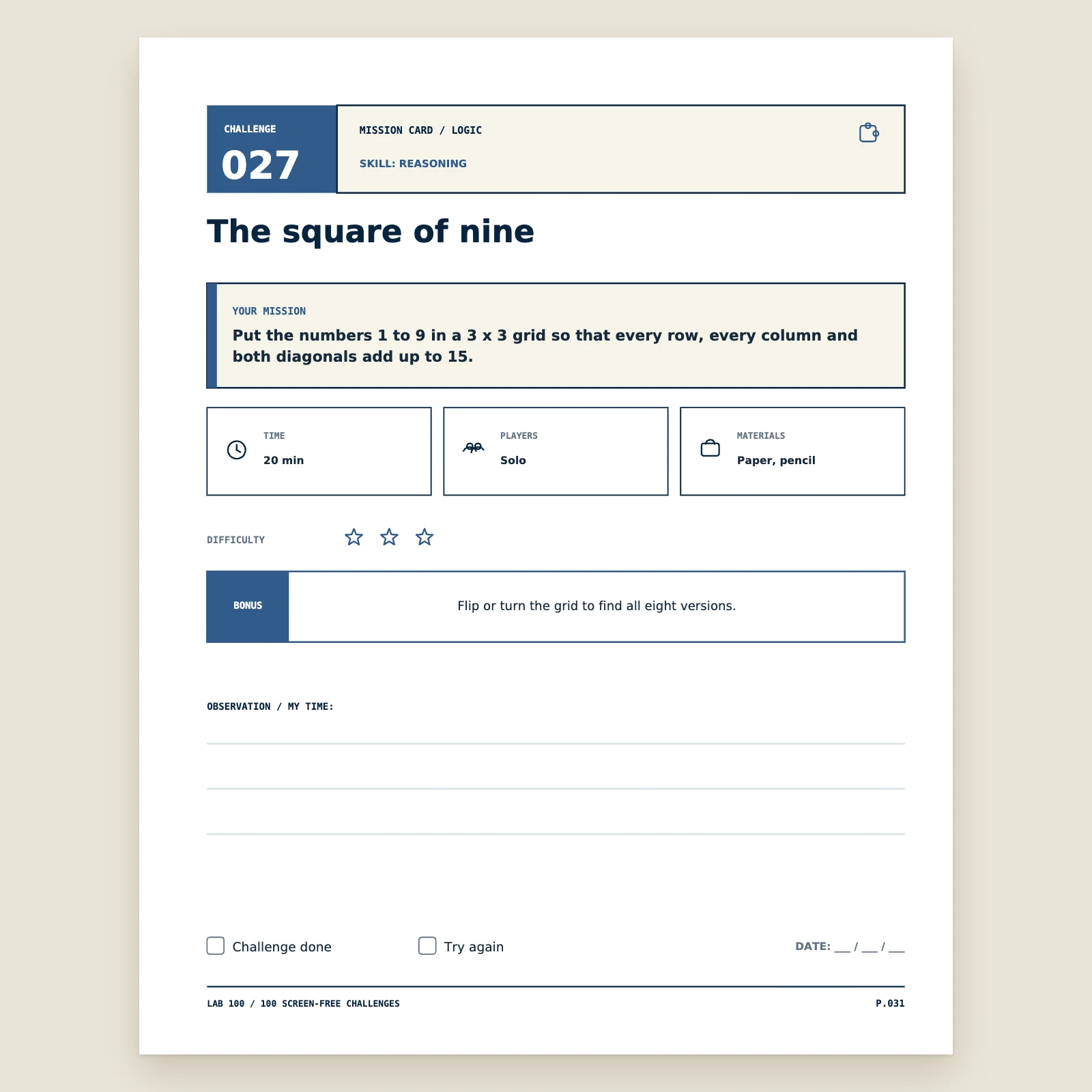 Page of challenge 027 "The square of nine": instructions, time, players, materials, difficulty, bonus and lines to fill in
