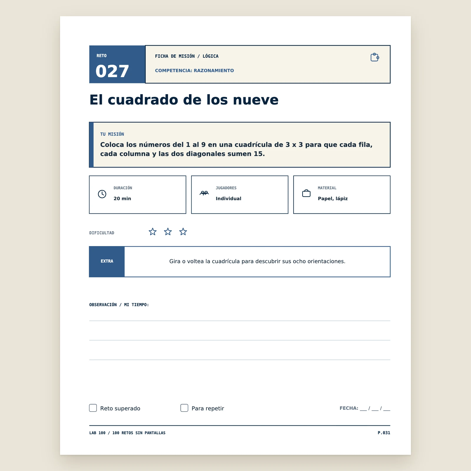 Página del reto 027 «El cuadrado de los nueve»: instrucciones, duración, jugadores, material, dificultad, extra y líneas para rellenar
