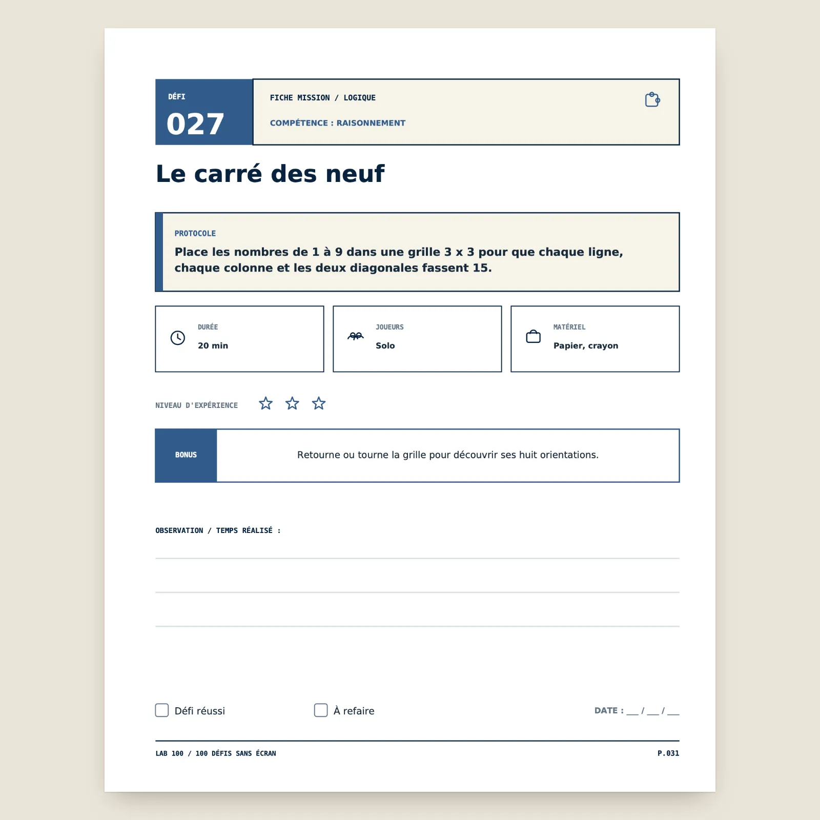 Page du défi 027 « Le carré des neuf » : consigne, durée, joueurs, matériel, niveau, bonus et lignes pour noter son temps