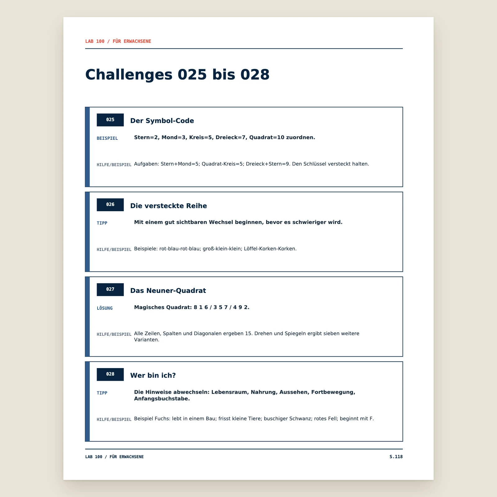 Seite des Leitfadens für Erwachsene: Tipps, Beispiele und eine Lösung für die Challenges 025 bis 028