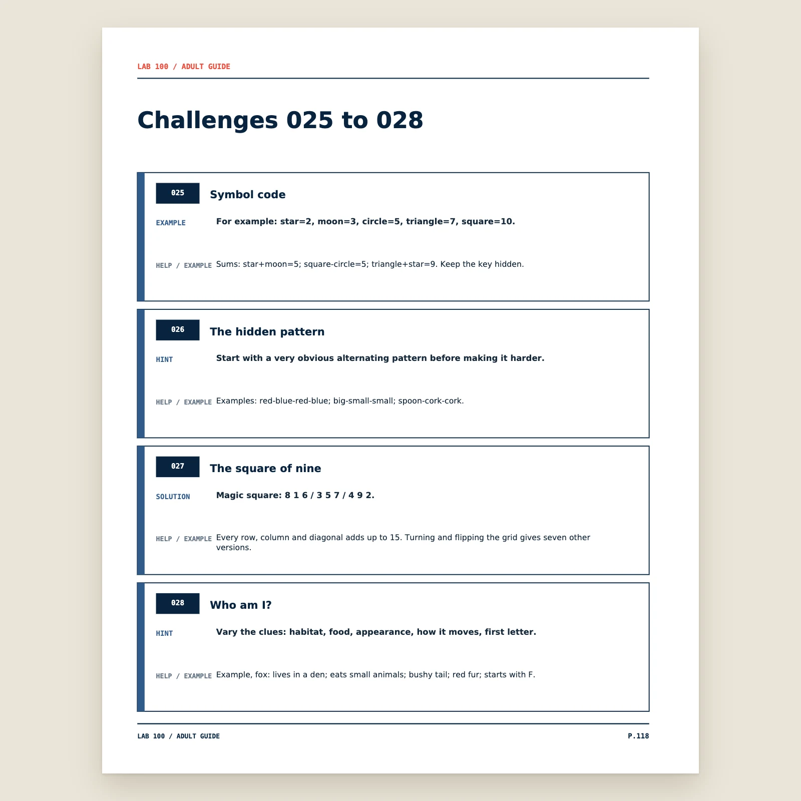 Page of the adult guide: hints, examples and a solution for challenges 025 to 028