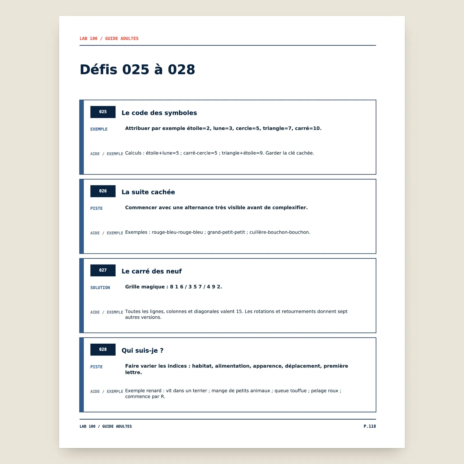 Page du guide pour les adultes : pistes, exemples et solution pour les défis 025 à 028