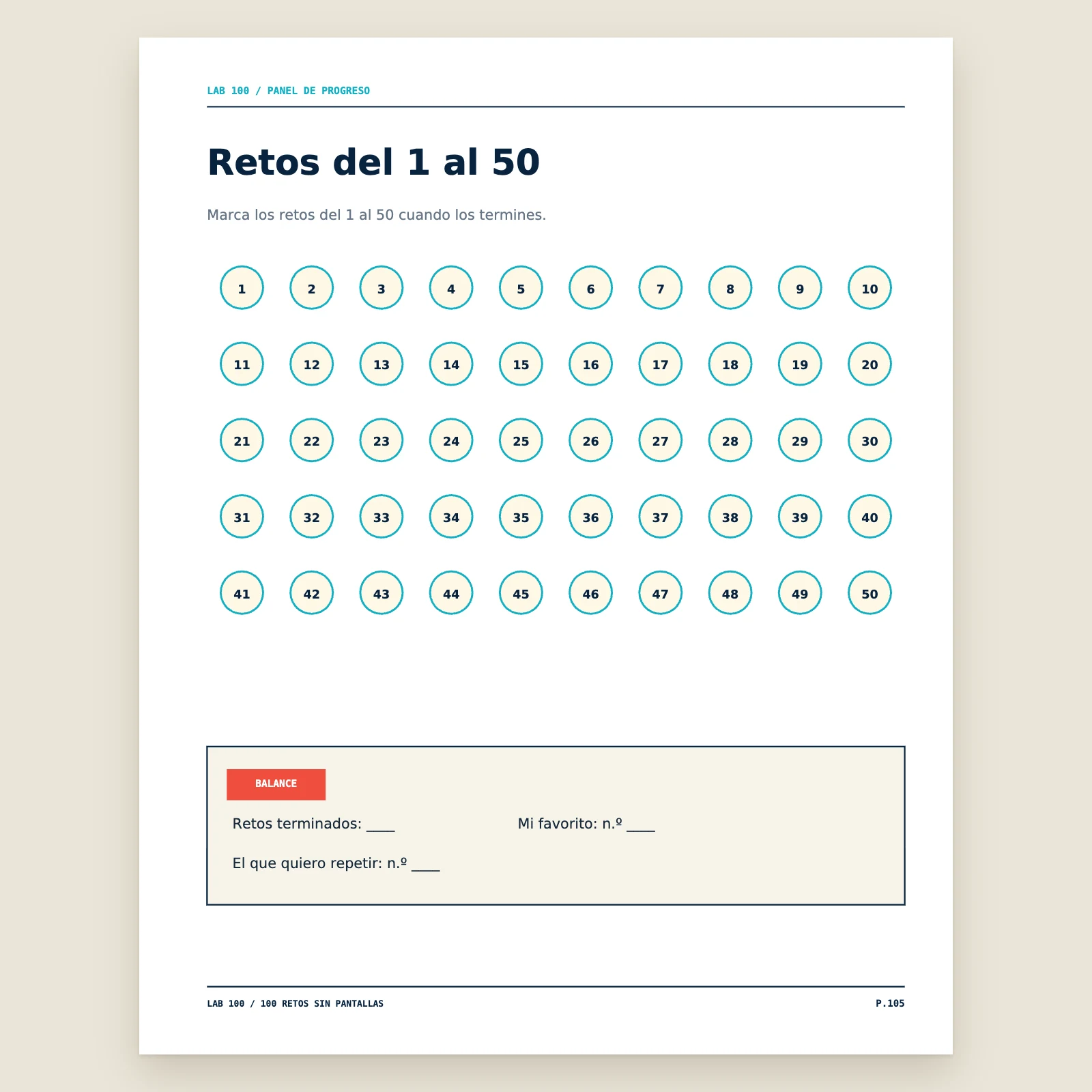 Panel de progreso «Retos del 1 al 50»: 50 círculos numerados para marcar y un balance