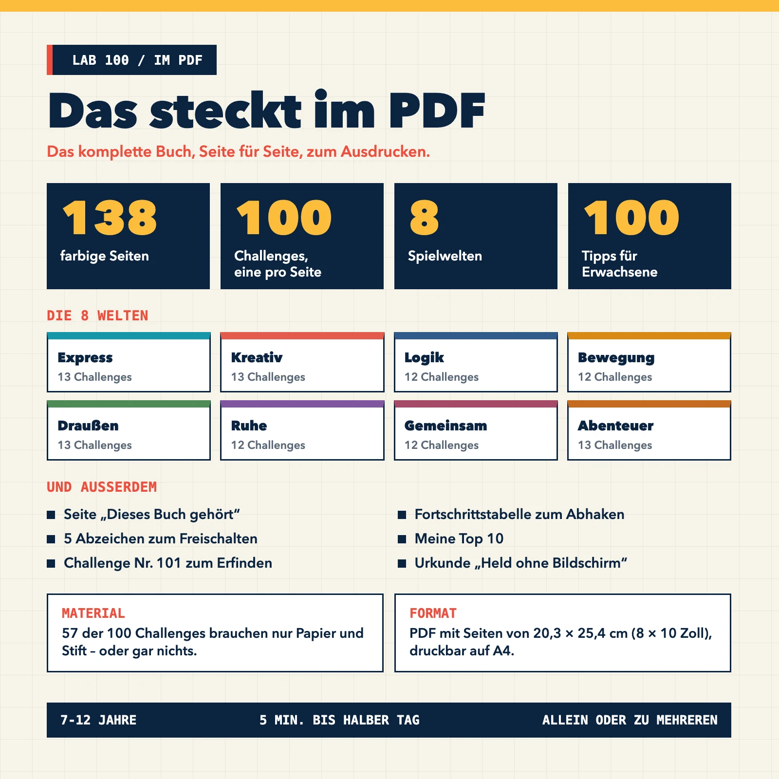 Inhalt des PDFs: 138 farbige Seiten, 100 Challenges, 8 Welten, 100 Tipps für Erwachsene, Fortschrittstabelle, Abzeichen, Urkunde, Seiten 20,3 × 25,4 cm