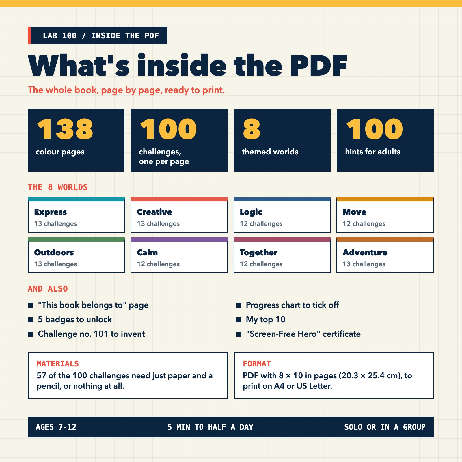 What the PDF contains: 138 colour pages, 100 challenges, 8 worlds, 100 hints for adults, progress chart, badges, certificate, 8 × 10 in pages