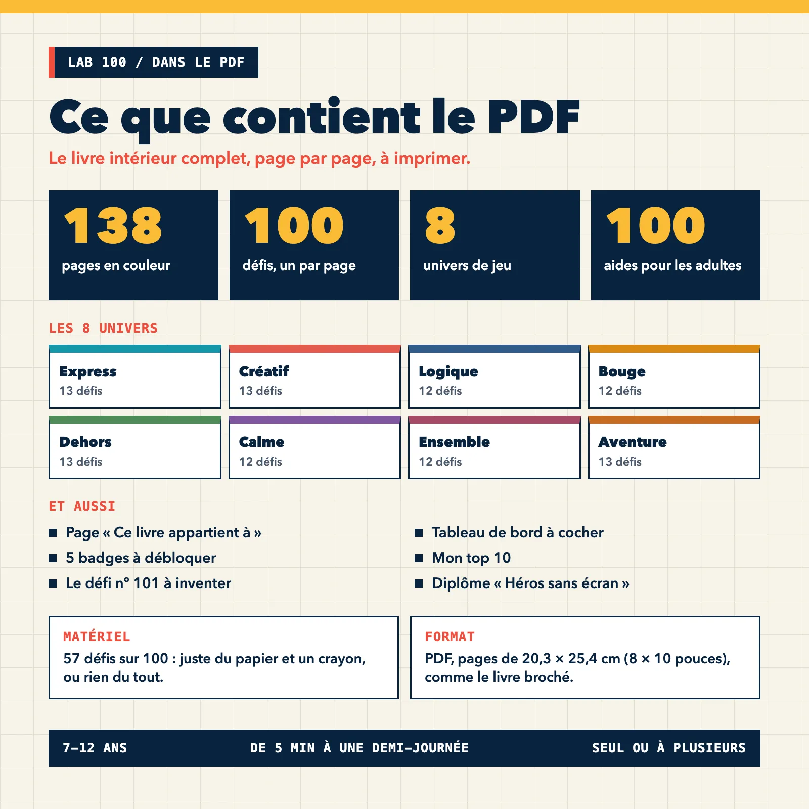 Contenu du PDF : 138 pages en couleur, 100 défis, 8 univers, 100 aides pour les adultes, tableau de bord, badges, diplôme, format 20,3 × 25,4 cm