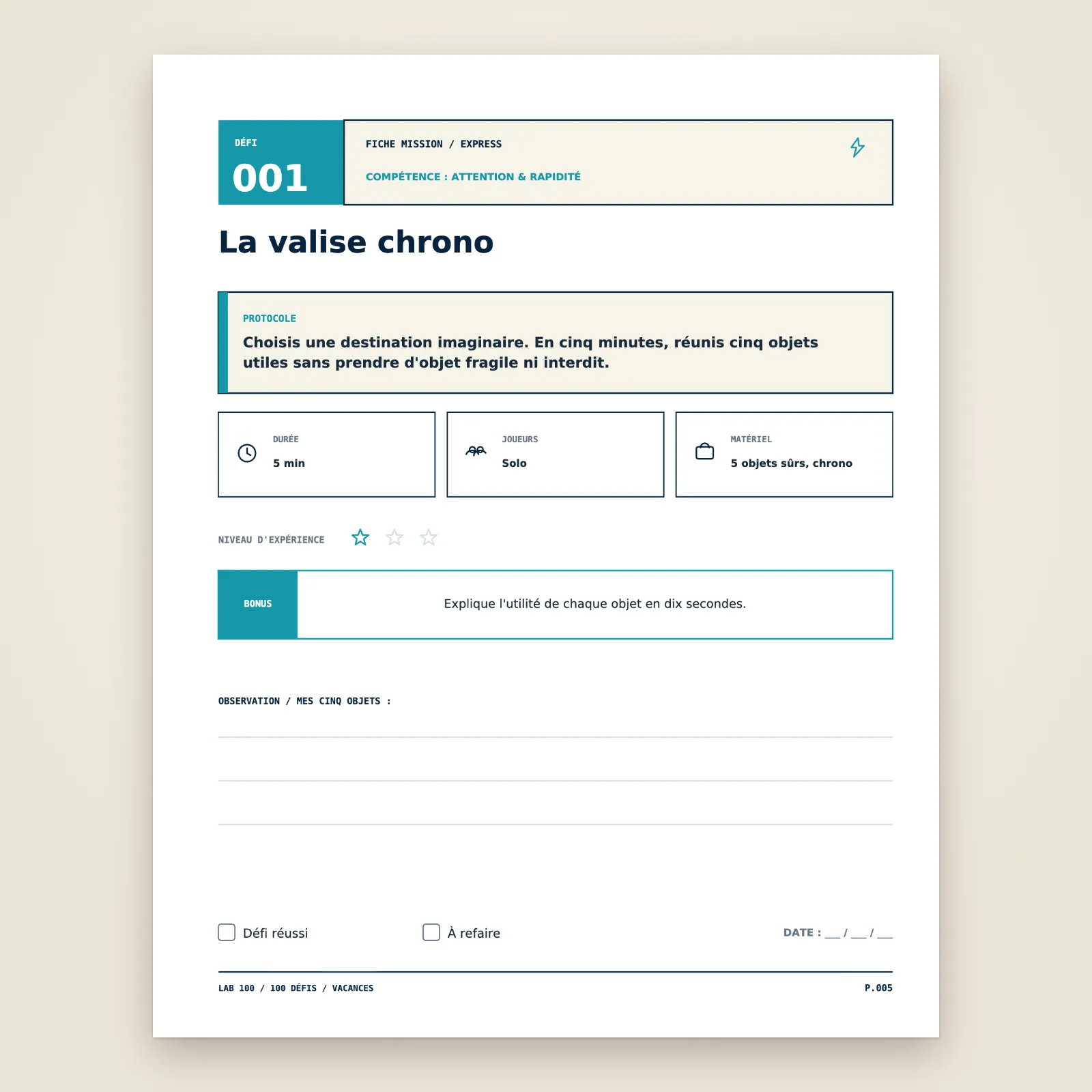 Page du défi 001 « La valise chrono » : consigne, durée, joueurs, matériel, niveau, bonus, lignes à remplir et cases à cocher