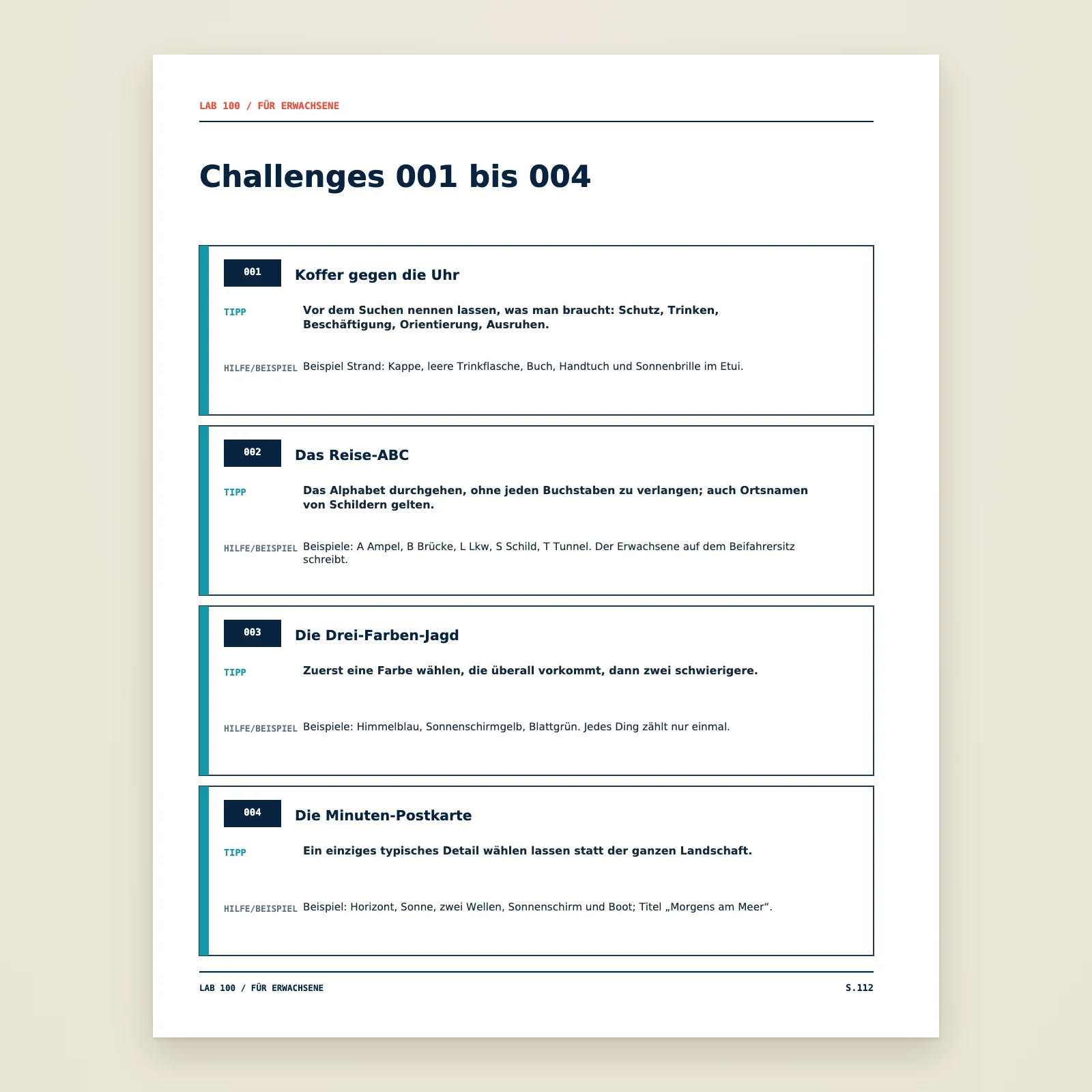 Seite des Leitfadens für Erwachsene zu den Challenges 001 bis 004: ein Tipp und ein Beispiel pro Challenge