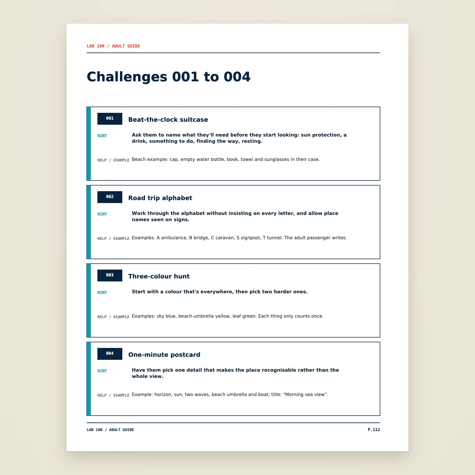 Adult guide page for challenges 001 to 004: a hint and an example to help the child with each challenge