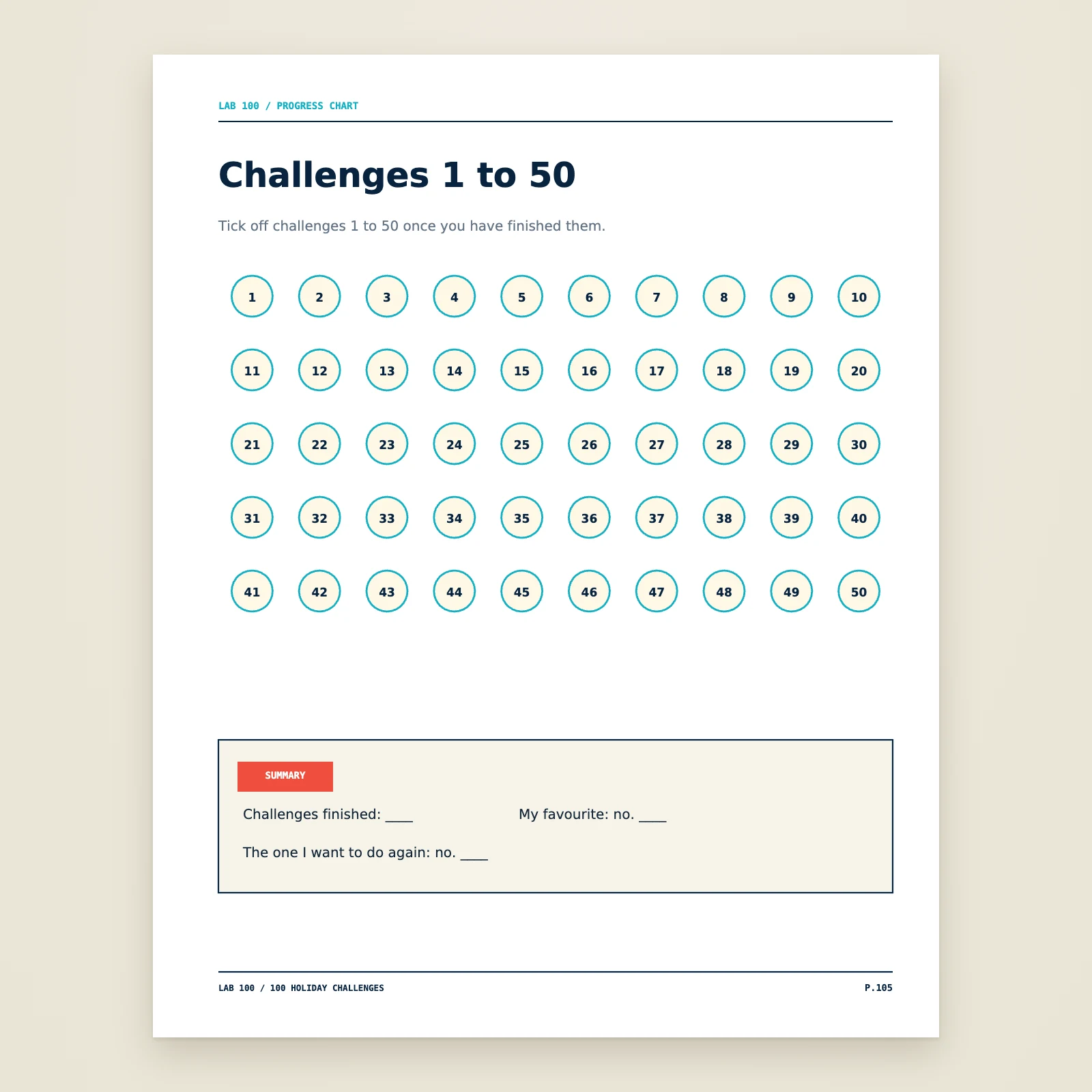 Progress chart page: 50 numbered circles to tick off for challenges 1 to 50 and a summary box to fill in