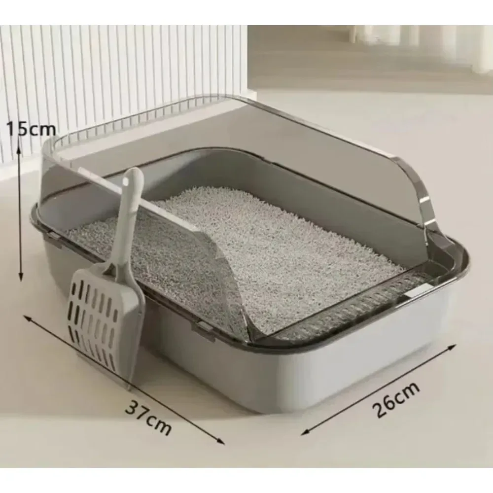 Bac à litière gris avec ses dimensions : 37 cm de long, 26 cm de large et 15 cm de haut