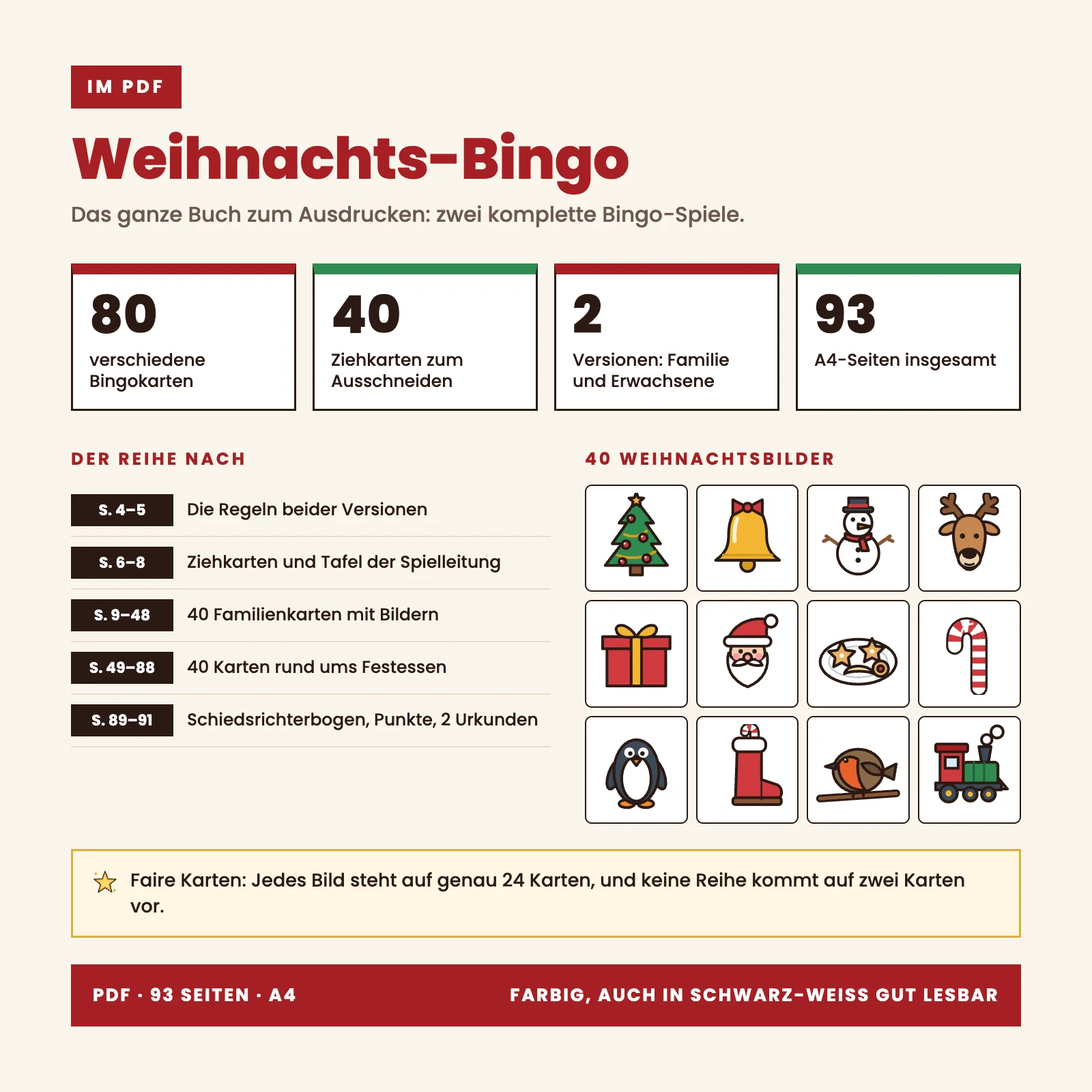 Inhalt des PDFs: 93 A4-Seiten, 80 verschiedene Bingokarten (40 für die Familie, 40 für Erwachsene), 40 Ziehkarten, Tafel der Spielleitung, Schiedsrichterbogen, Punkteliste und 2 Urkunden