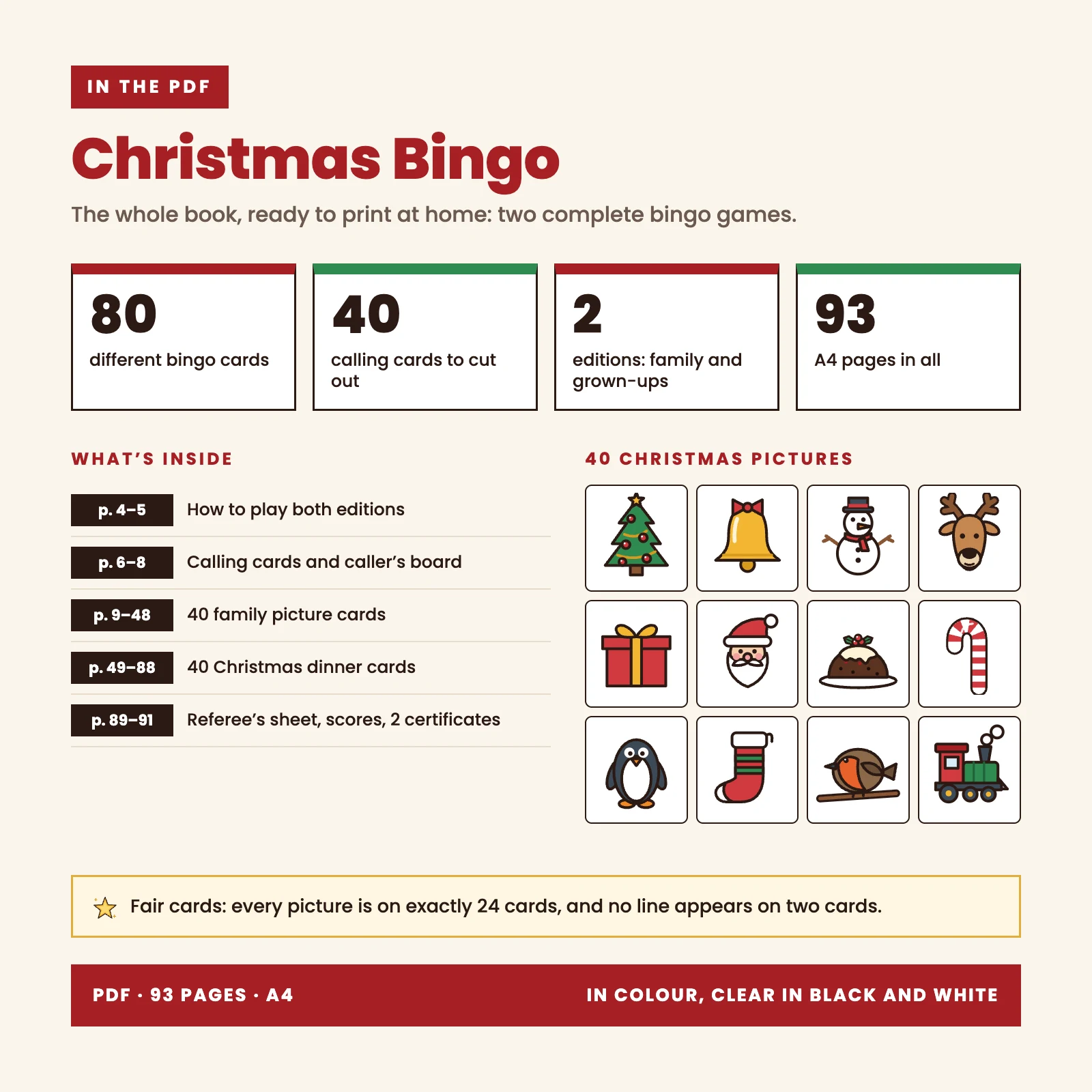What’s in the PDF: 93 A4 pages, 80 different bingo cards (40 family, 40 grown-ups), 40 calling cards, caller’s board, referee’s sheet, score sheet and 2 certificates