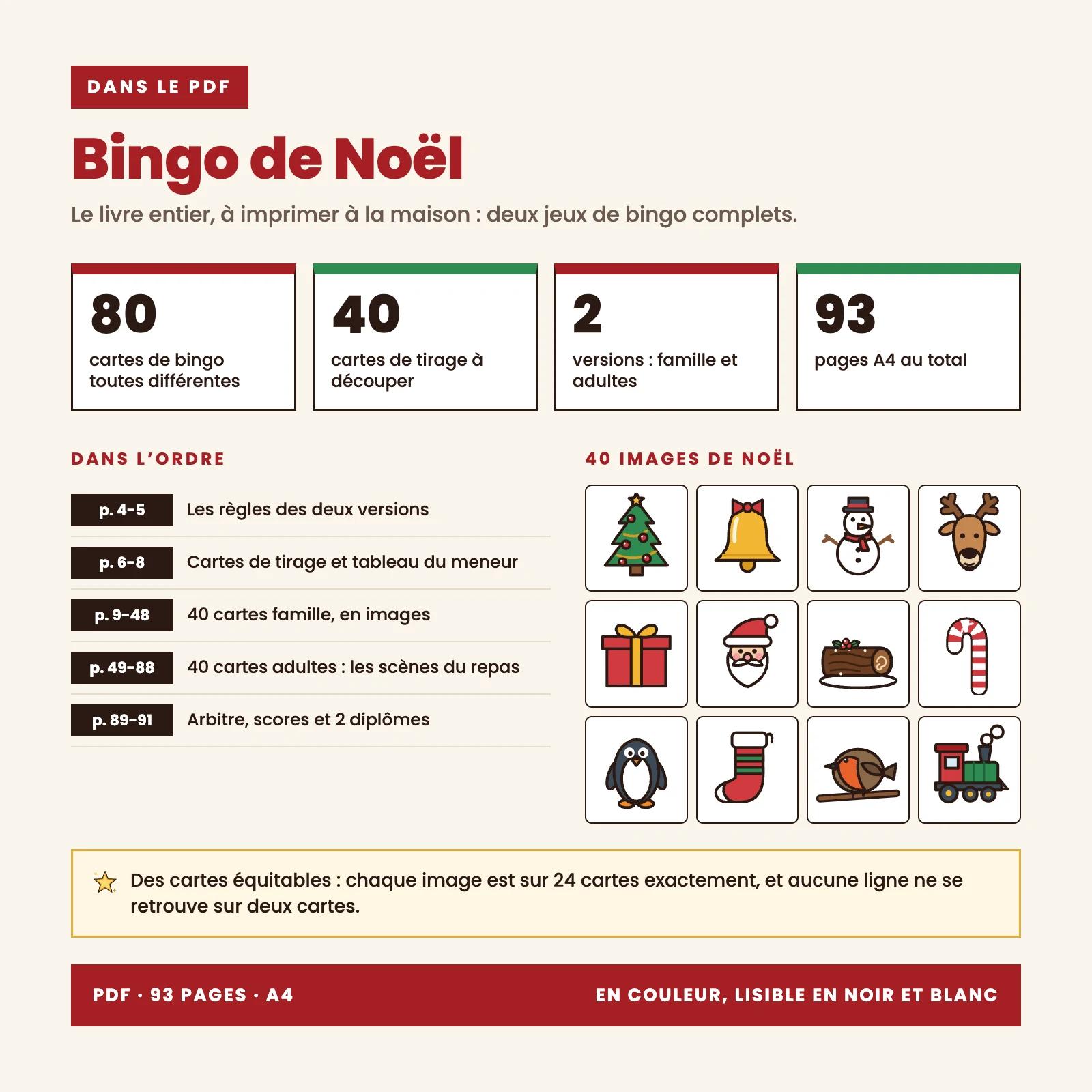Ce que contient le PDF : 93 pages A4, 80 cartes de bingo toutes différentes (40 famille, 40 adultes), 40 cartes de tirage, tableau du meneur, feuille de l'arbitre, feuille de scores et 2 diplômes
