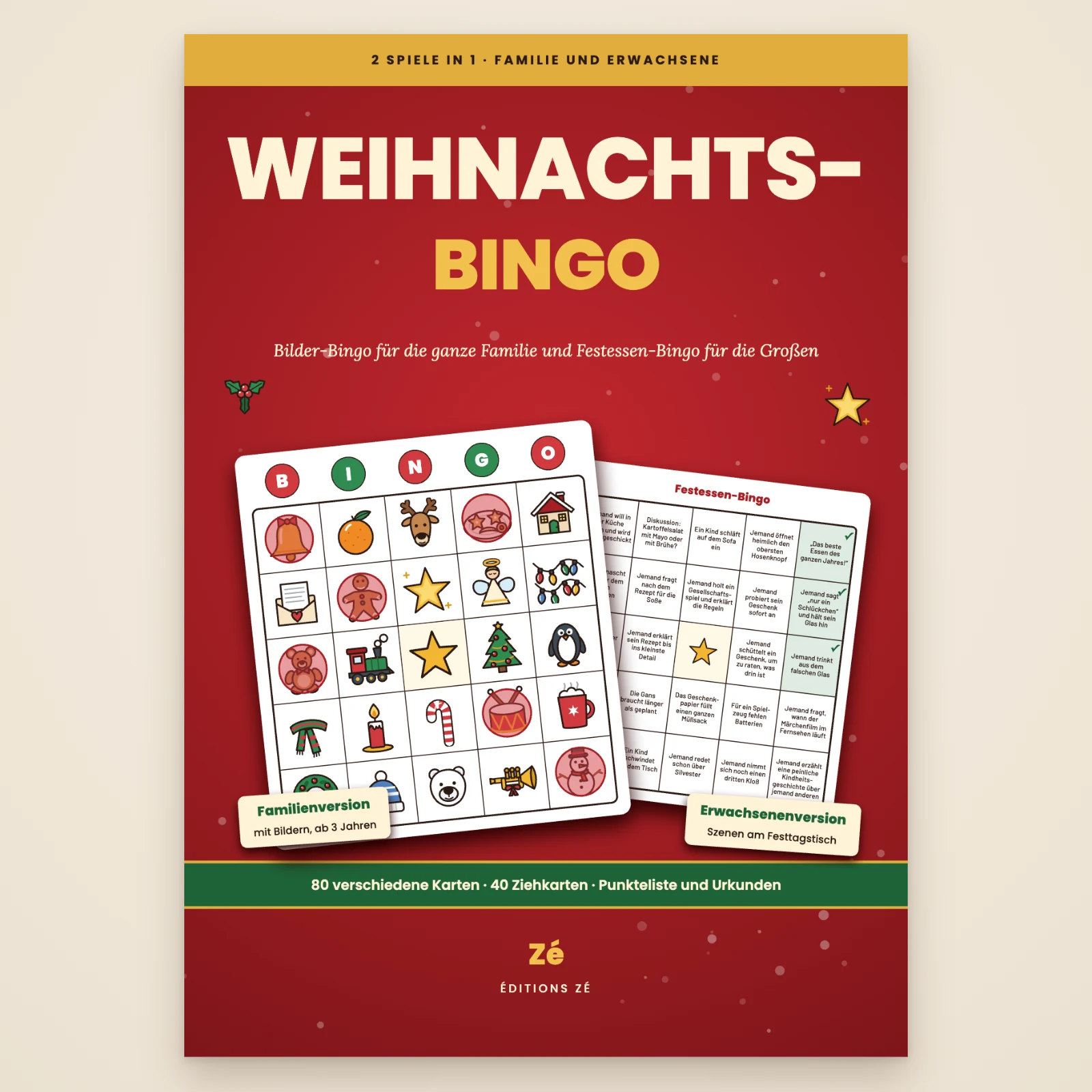 Cover von „Weihnachts-Bingo“ von Zé: eine Bilder-Bingokarte (Glocke, Rentier, Tannenbaum, Pinguin …) und eine Festessen-Bingokarte auf rotem Grund, 2 Spiele in 1, Familien- und Erwachsenenversion