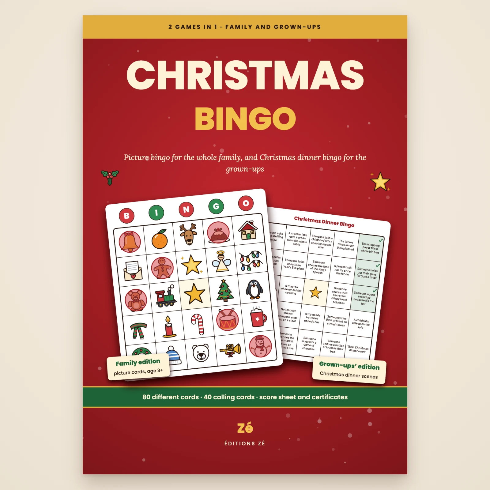 Cover of “Christmas Bingo” by Zé: a picture bingo card (bell, reindeer, Christmas tree, penguin…) and a Christmas dinner bingo card on a red background, 2 games in 1, family and grown-ups’ editions