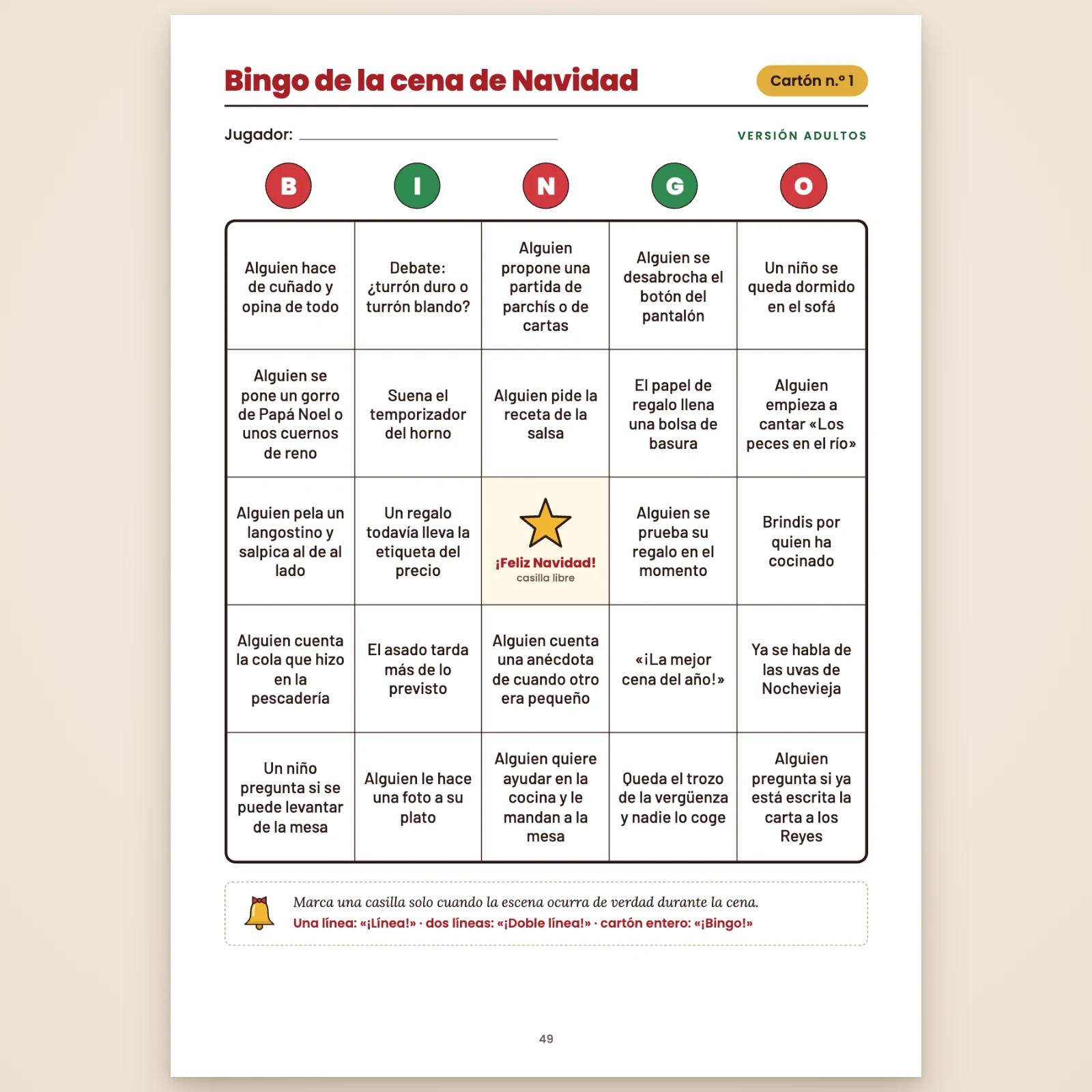 Página del cartón de adultos n.º 1: 24 escenas de la cena de Navidad para marcar, como «Alguien hace de cuñado y opina de todo» o «Alguien pregunta si ya está escrita la carta a los Reyes», con casilla libre en el centro
