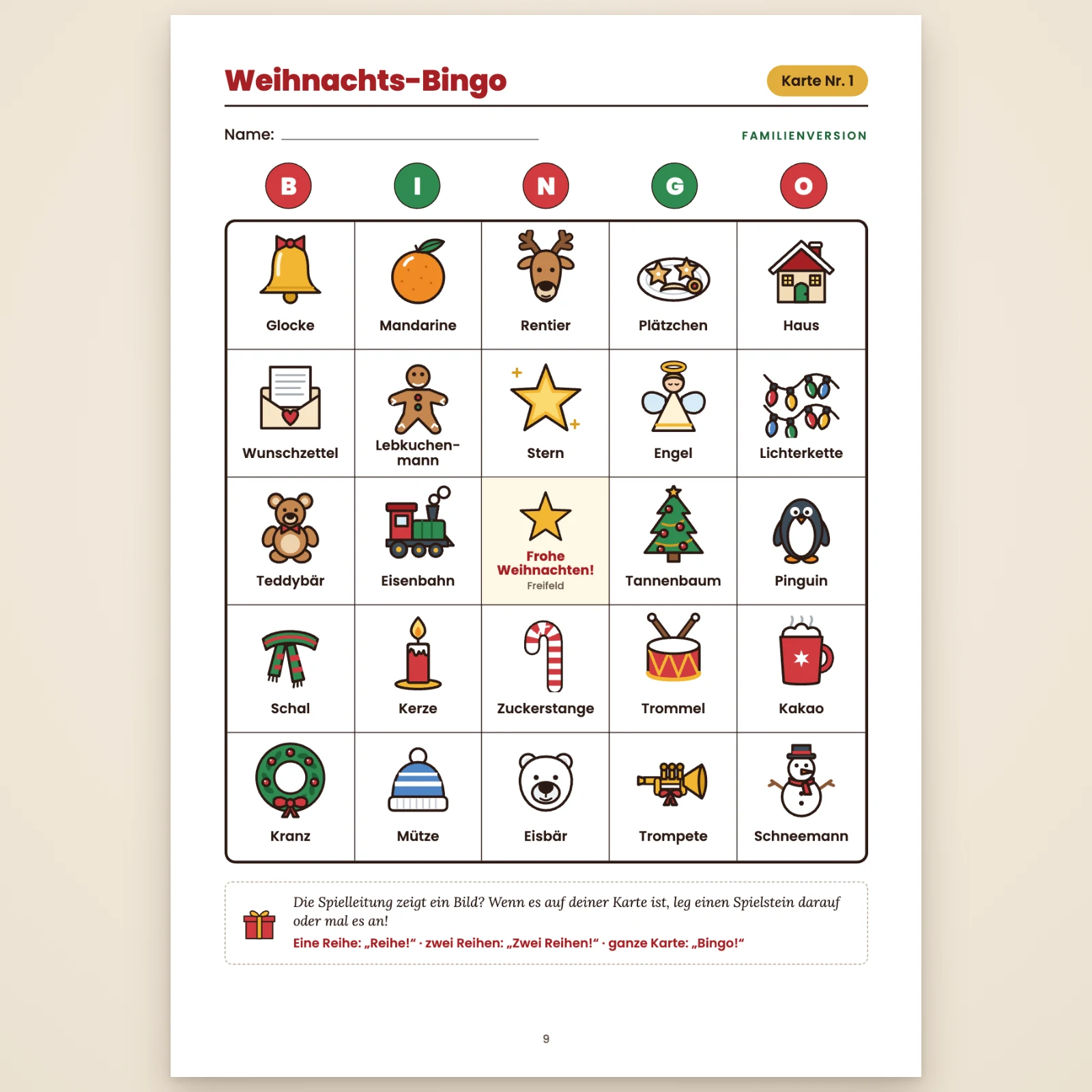 Seite der Familienkarte Nr. 1: 5 × 5 Weihnachtsbilder mit ihrem Namen (Glocke, Mandarine, Rentier, Plätzchen, Haus …), die Buchstaben B I N G O und ein Stern als Freifeld in der Mitte
