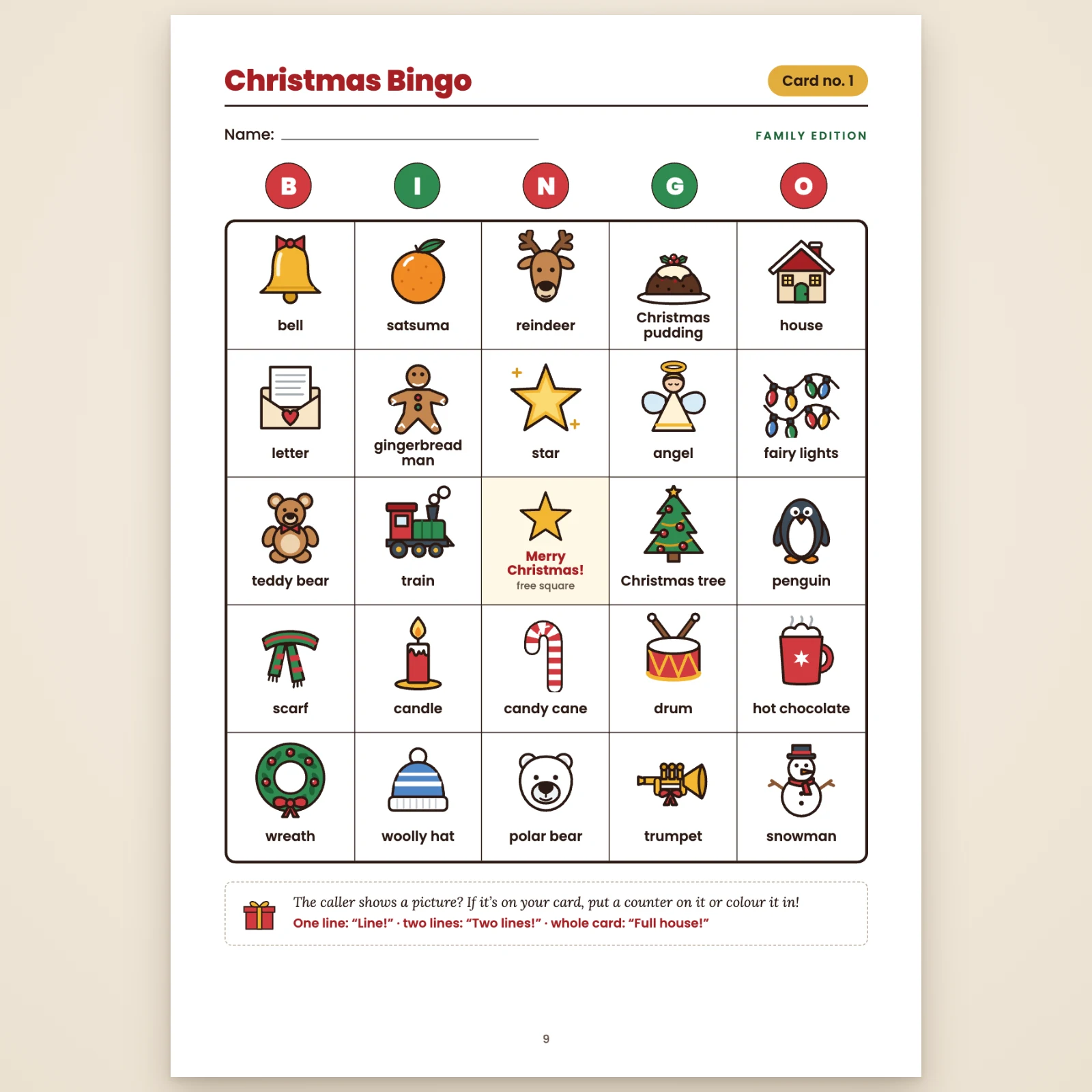 Family card no. 1: a 5 × 5 grid of Christmas pictures with their names (bell, satsuma, reindeer, Christmas pudding, house…), the letters B I N G O and a free star in the middle