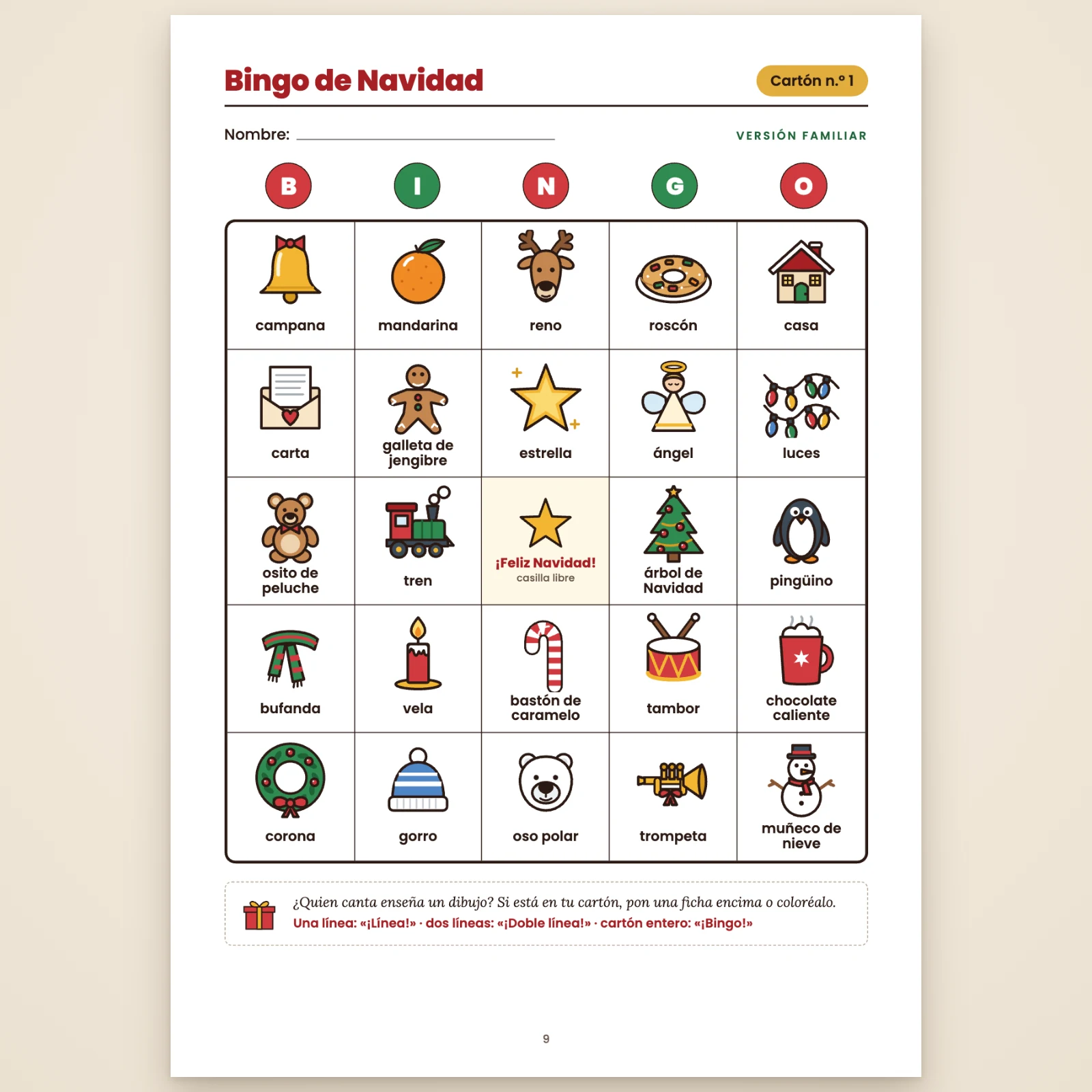 Página del cartón familiar n.º 1: 5 × 5 dibujos navideños con su nombre (campana, mandarina, reno, roscón, casa…), las letras B I N G O y una estrella libre en el centro