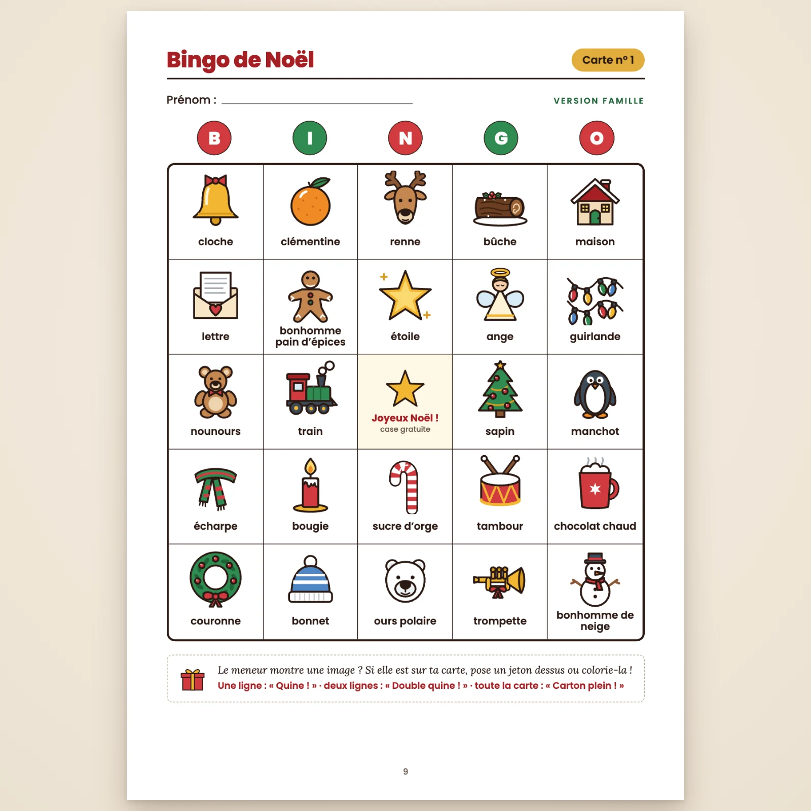 Page de la carte famille n° 1 : grille de 5 × 5 images de Noël avec leur nom (cloche, clémentine, renne, bûche, maison…), lettres B I N G O et étoile centrale gratuite