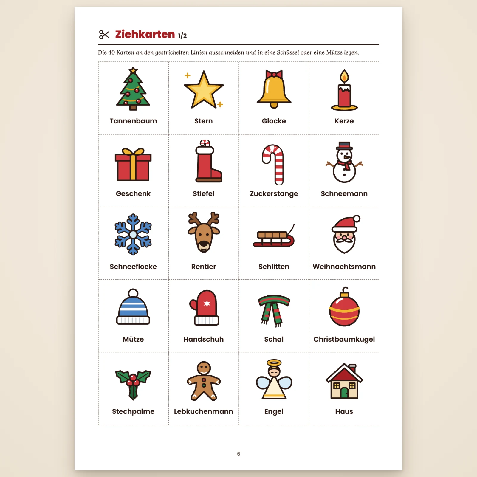 Seite mit Ziehkarten (1/2): 20 Bildkarten zum Ausschneiden entlang der gestrichelten Linien (Tannenbaum, Stern, Glocke, Kerze …)