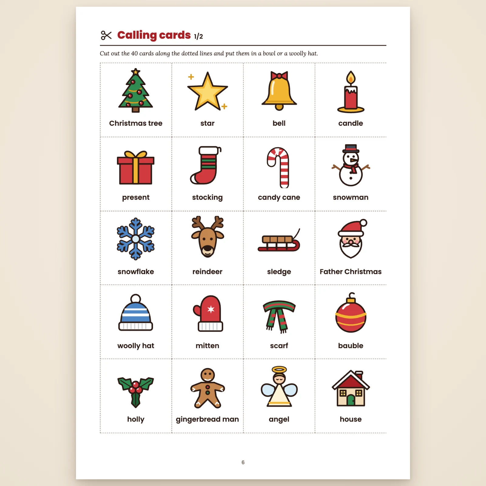 Calling cards page (1/2): 20 picture cards to cut out along the dotted lines (Christmas tree, star, bell, candle…)