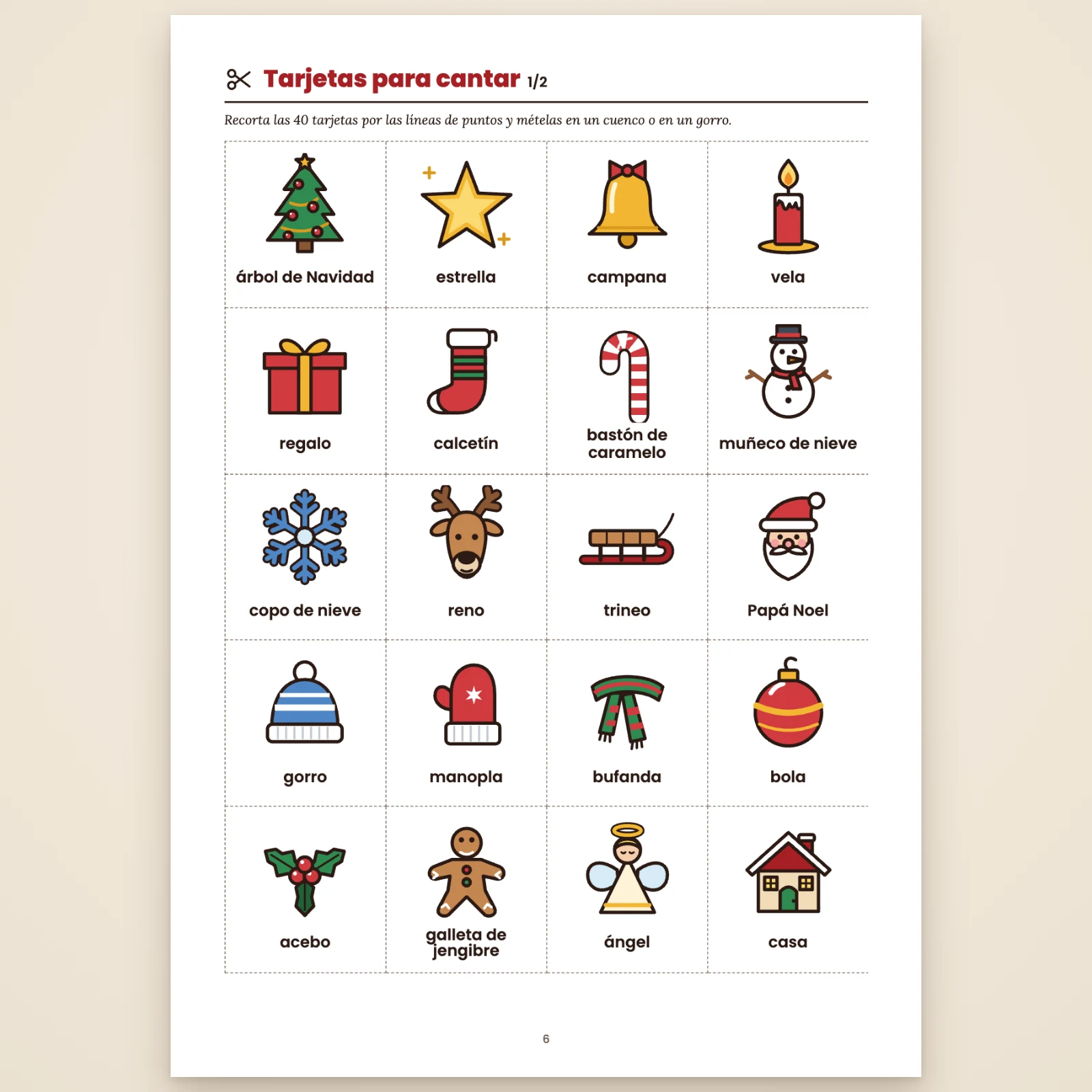 Página de tarjetas para cantar (1/2): 20 tarjetas con dibujos para recortar por las líneas de puntos (árbol de Navidad, estrella, campana, vela…)