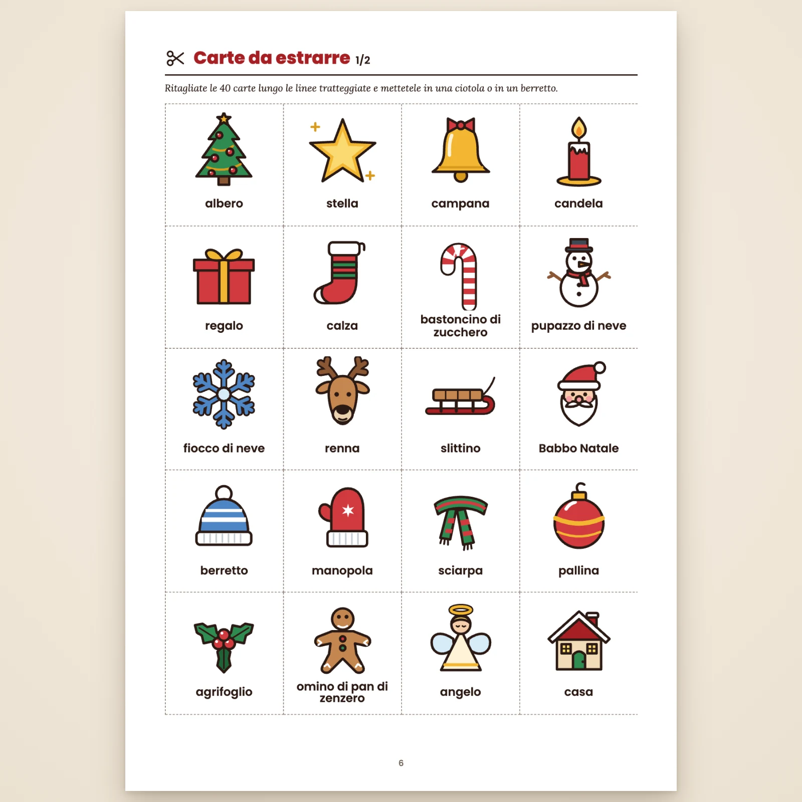 Pagina delle carte da estrarre (1/2): 20 carte illustrate da ritagliare lungo le linee tratteggiate (albero, stella, campana, candela…)