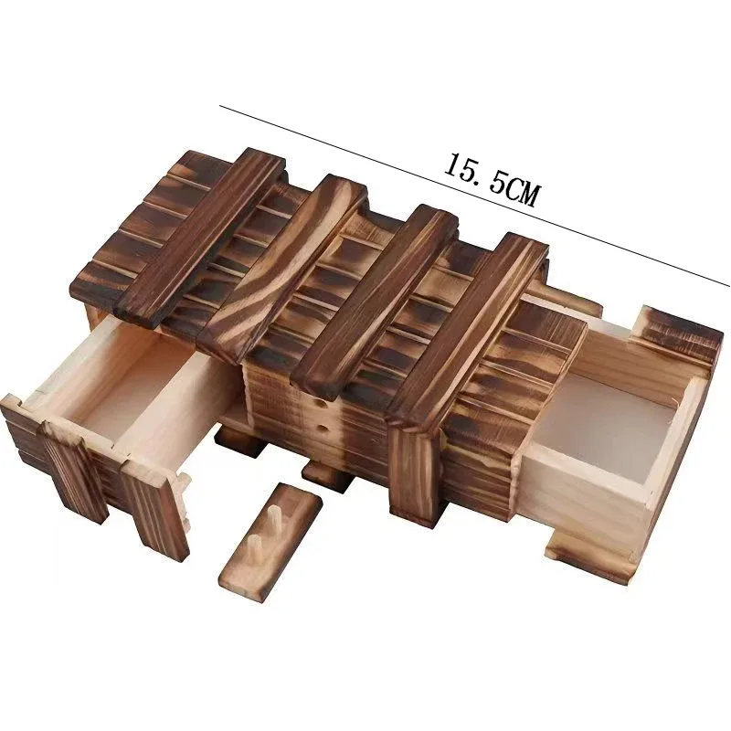 Boîte secrète en bois ouverte, longueur d'environ 15,5 cm