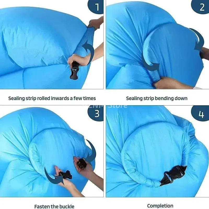 Fermeture du canapé gonflable : on roule l'extrémité, puis on boucle la sangle