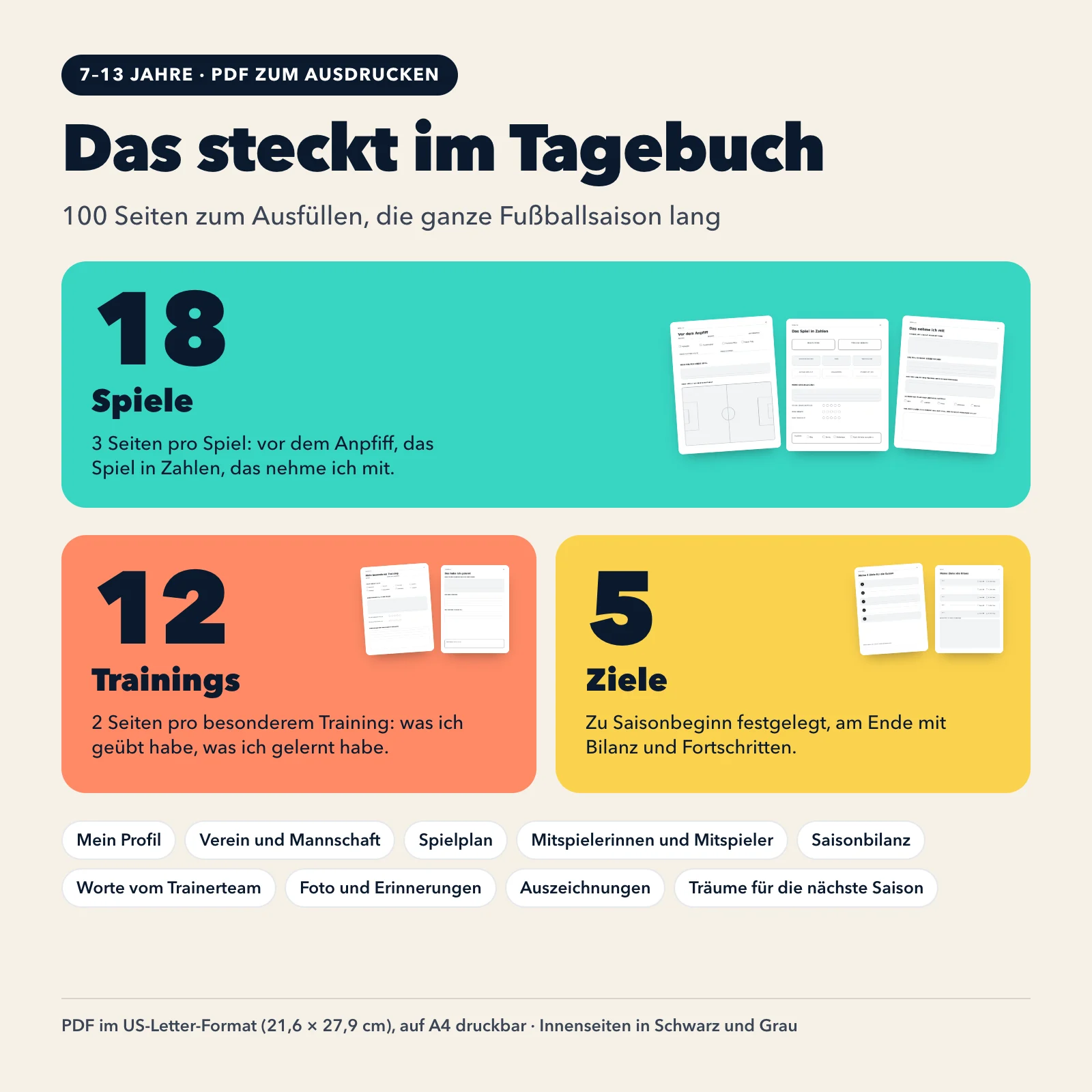 Inhalt des Tagebuchs: 100 Seiten, 18 Spiele (je 3 Seiten), 12 Trainings (je 2 Seiten), 5 Ziele, Saisonbilanz und Erinnerungen