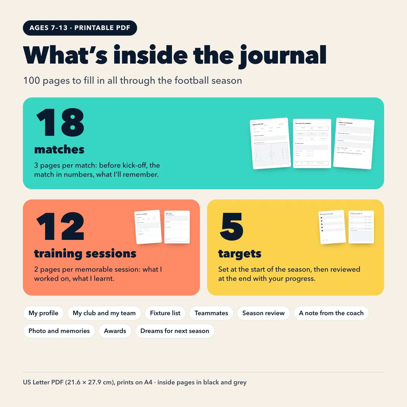 What’s inside the journal: 100 pages, 18 matches (3 pages each), 12 training sessions (2 pages each), 5 targets, season review and memories