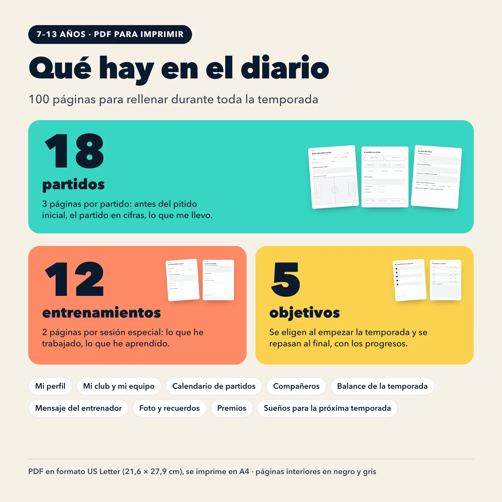 Contenido del diario: 100 páginas, 18 partidos (3 páginas cada uno), 12 entrenamientos (2 páginas cada uno), 5 objetivos, balance y recuerdos
