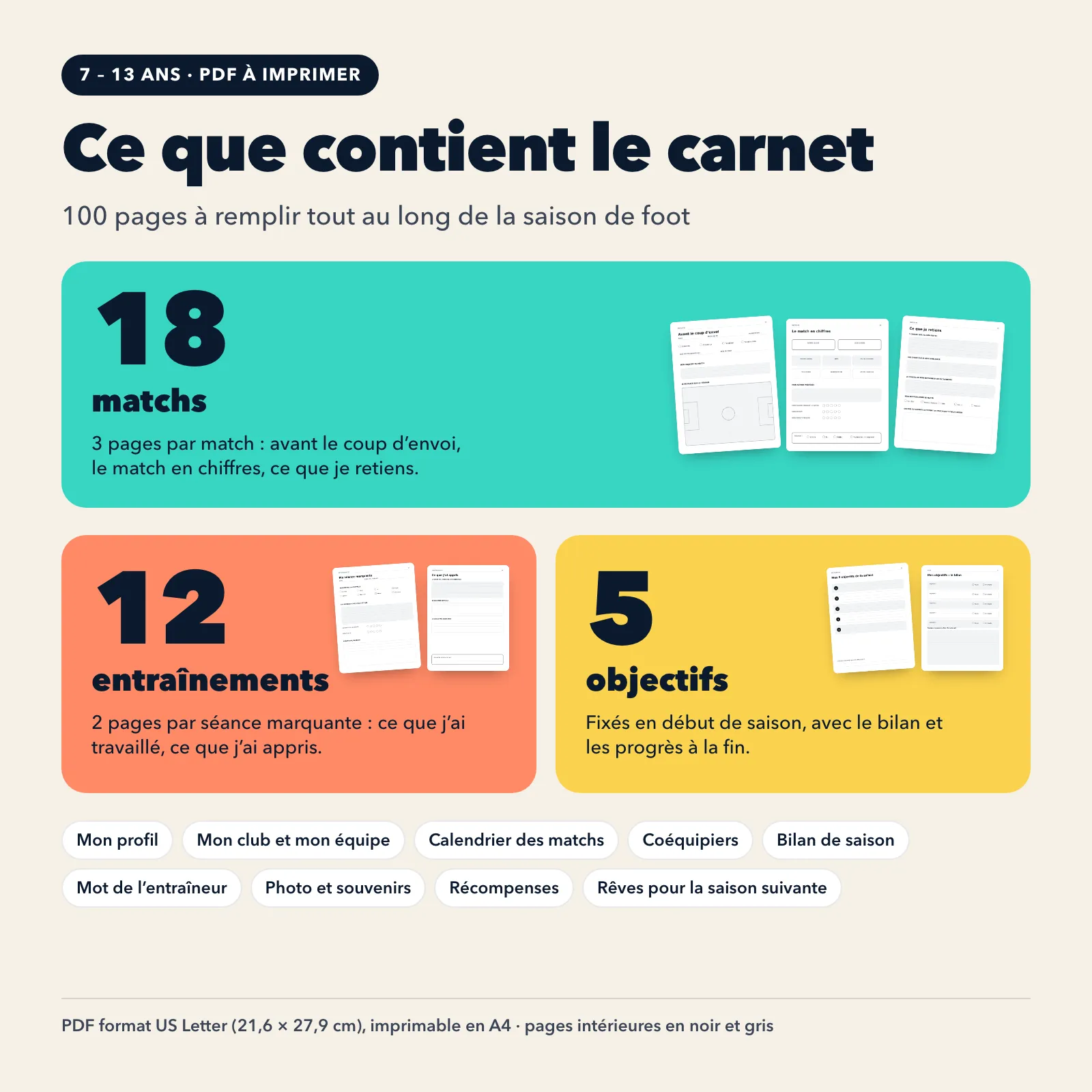 Ce que contient le carnet : 100 pages, 18 matchs (3 pages chacun), 12 entraînements (2 pages chacun), 5 objectifs, bilan et souvenirs