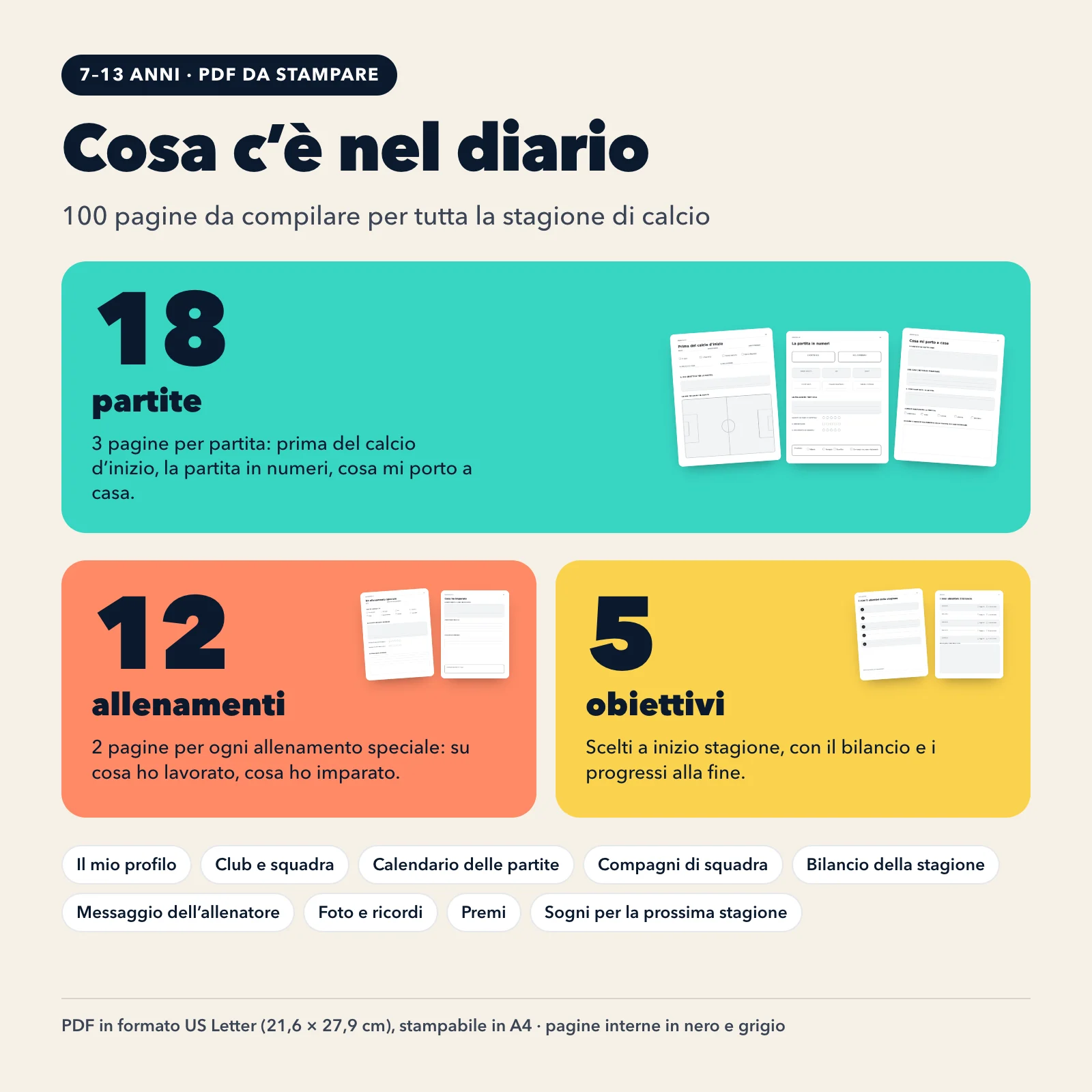 Contenuto del diario: 100 pagine, 18 partite (3 pagine ciascuna), 12 allenamenti (2 pagine ciascuno), 5 obiettivi, bilancio e ricordi