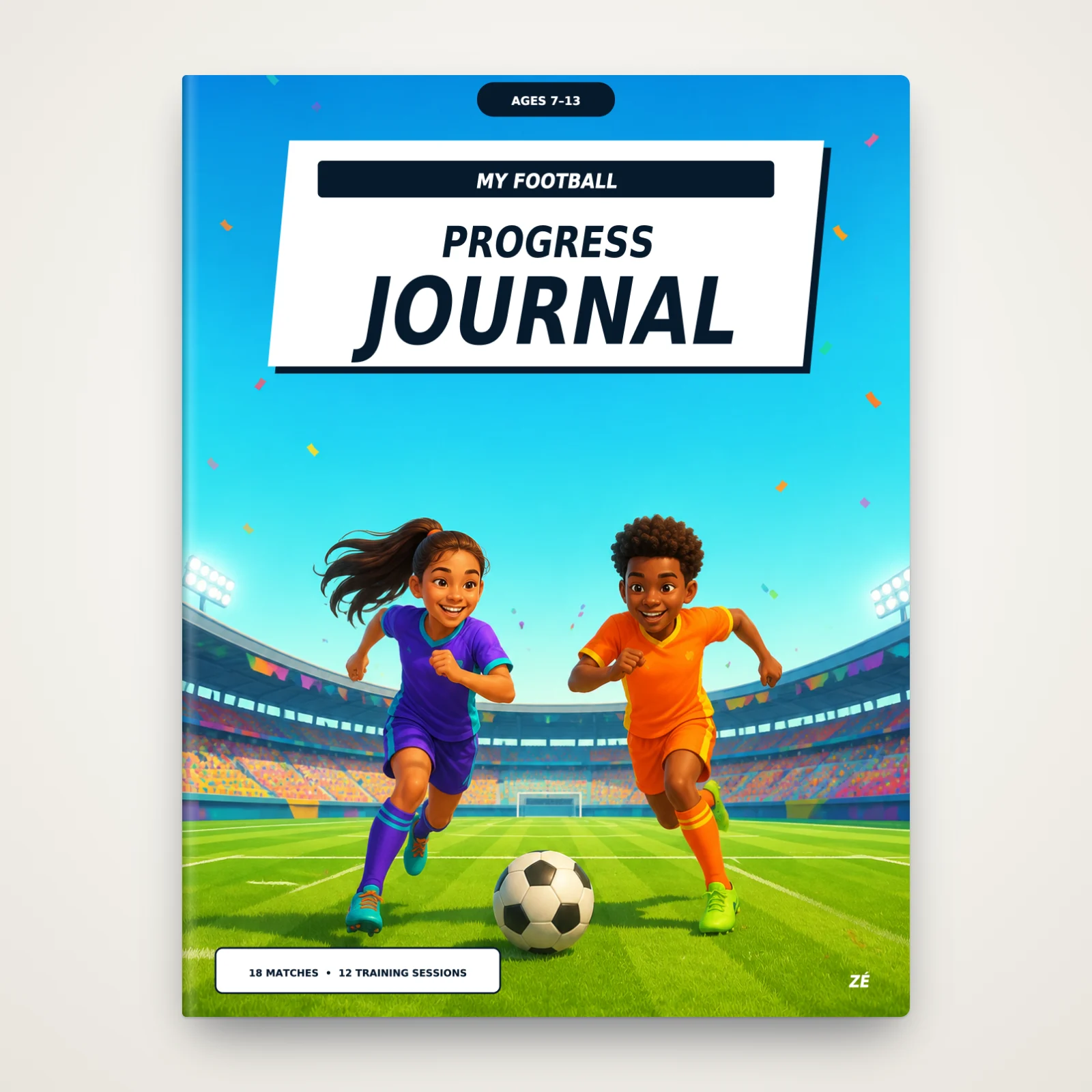 Cover of "My Football Progress Journal", ages 7-13, by Zé: a girl and a boy running towards a ball in a stadium