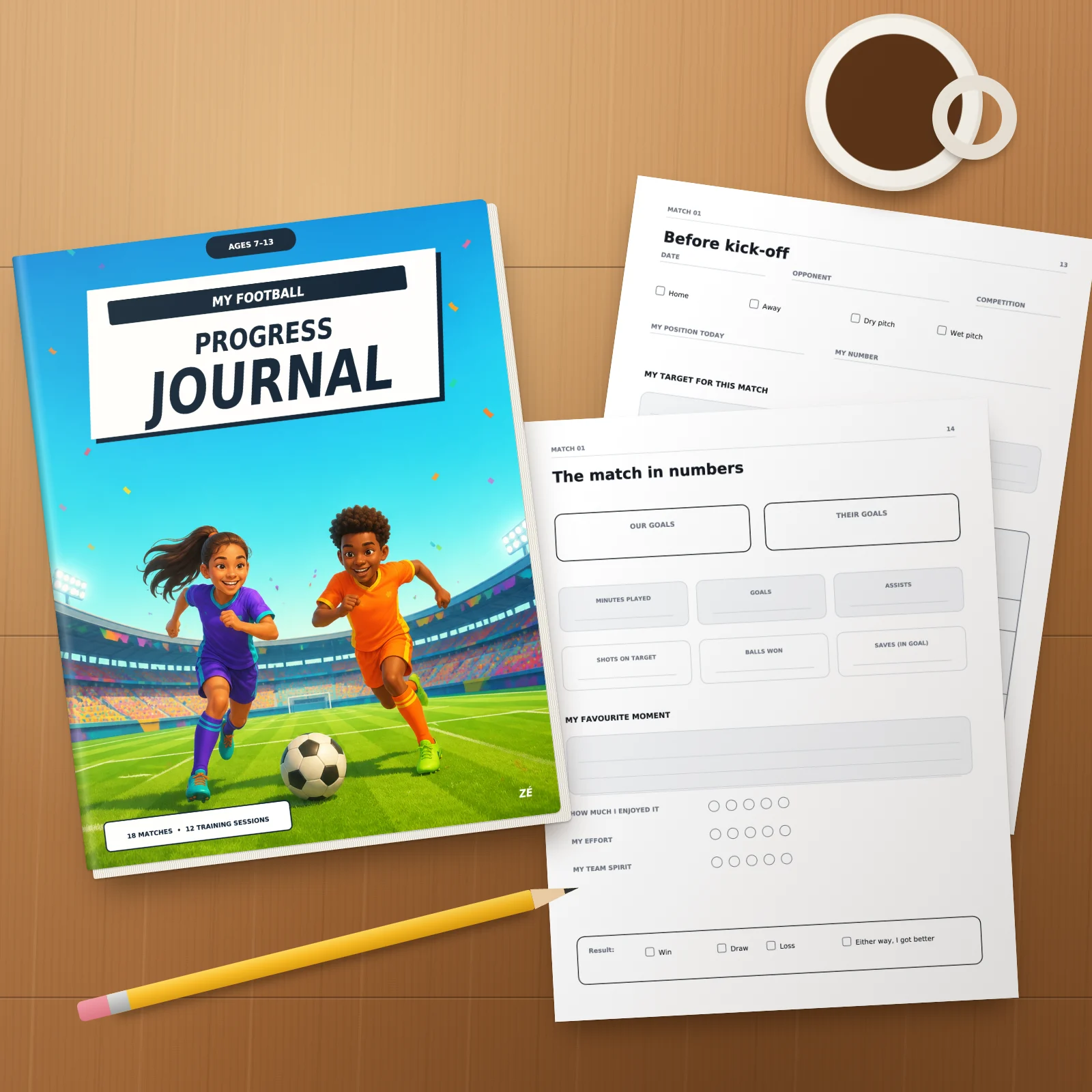 The journal on a wooden table, next to two printed pages from the PDF (before kick-off, the match in numbers) and a pencil
