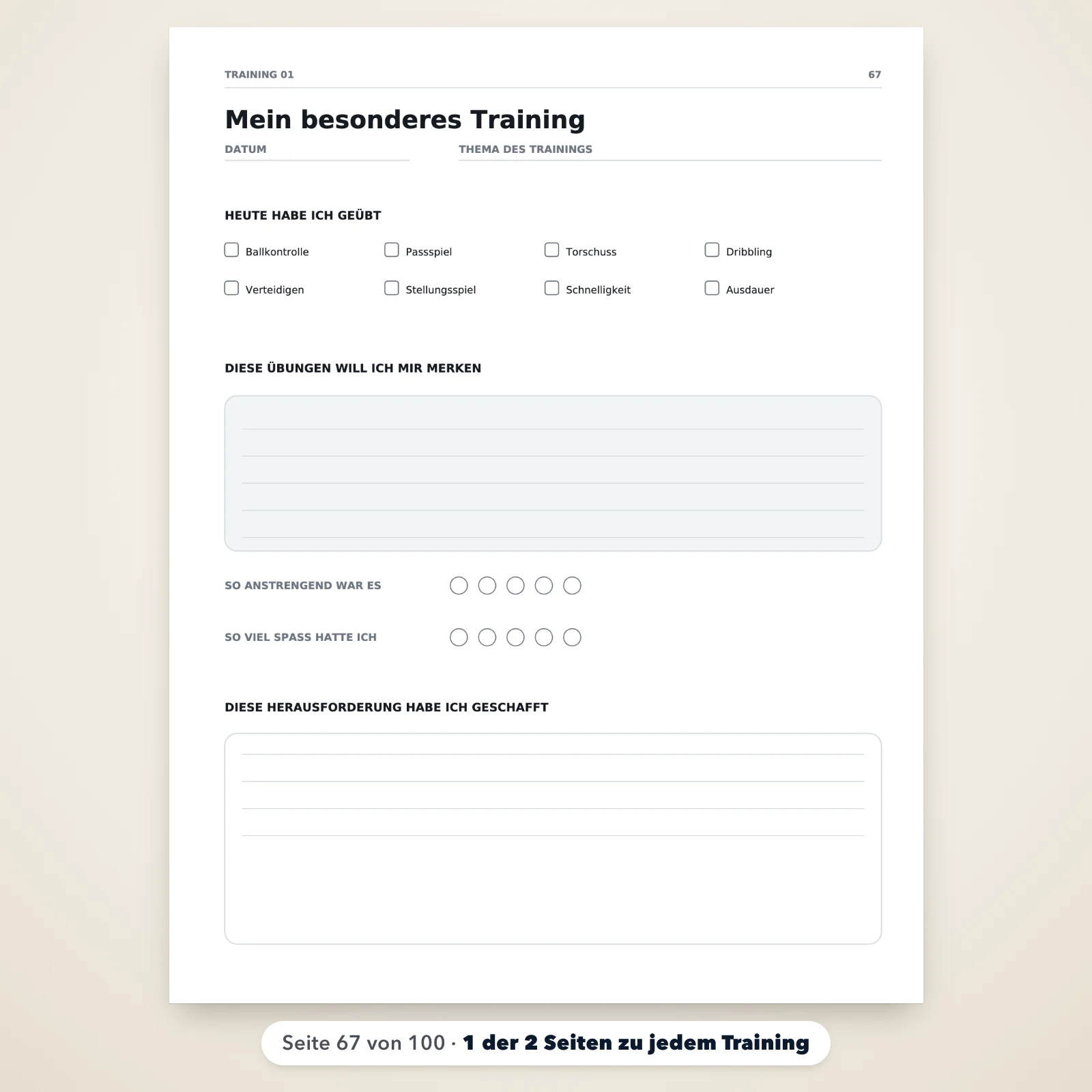 Seite 67 des Tagebuchs, „Mein besonderes Training“: Kästchen zum Ankreuzen (Ballkontrolle, Passspiel, Torschuss …), Übungen zum Merken, Anstrengung und geschaffte Herausforderung