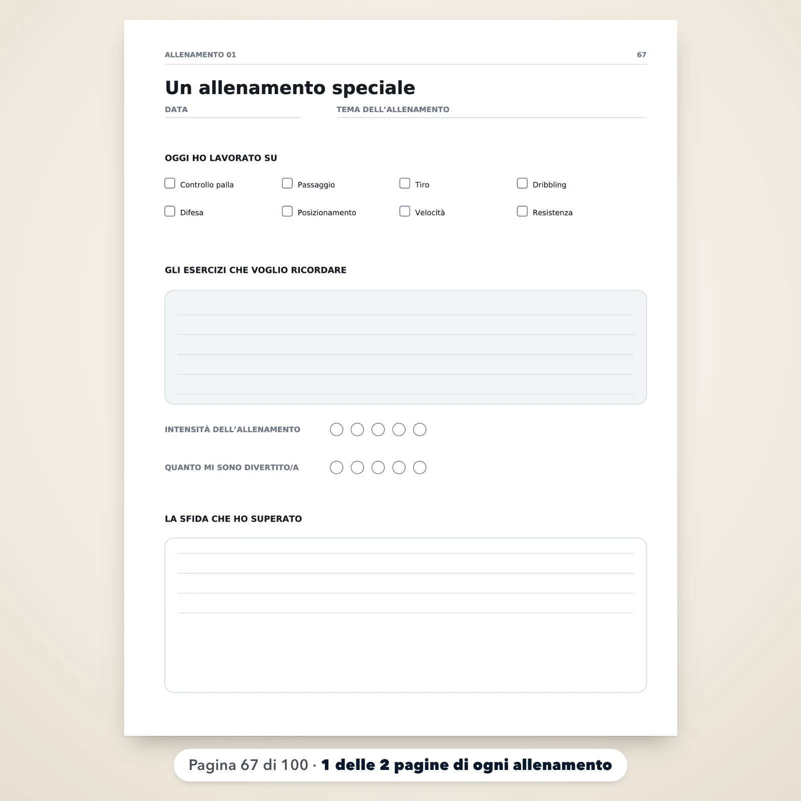 Pagina 67 del diario, «Un allenamento speciale»: caselle da spuntare (controllo palla, passaggio, tiro…), esercizi da ricordare, intensità e sfida superata
