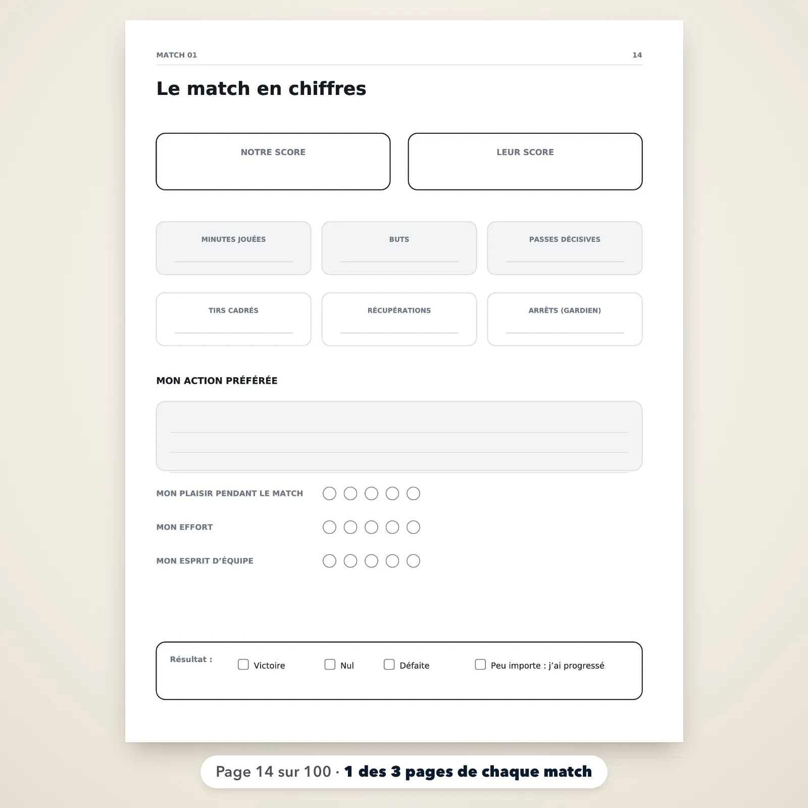 Page 14 du carnet, « Le match en chiffres » : cases pour le score, les minutes jouées, les buts, les passes décisives et le résultat