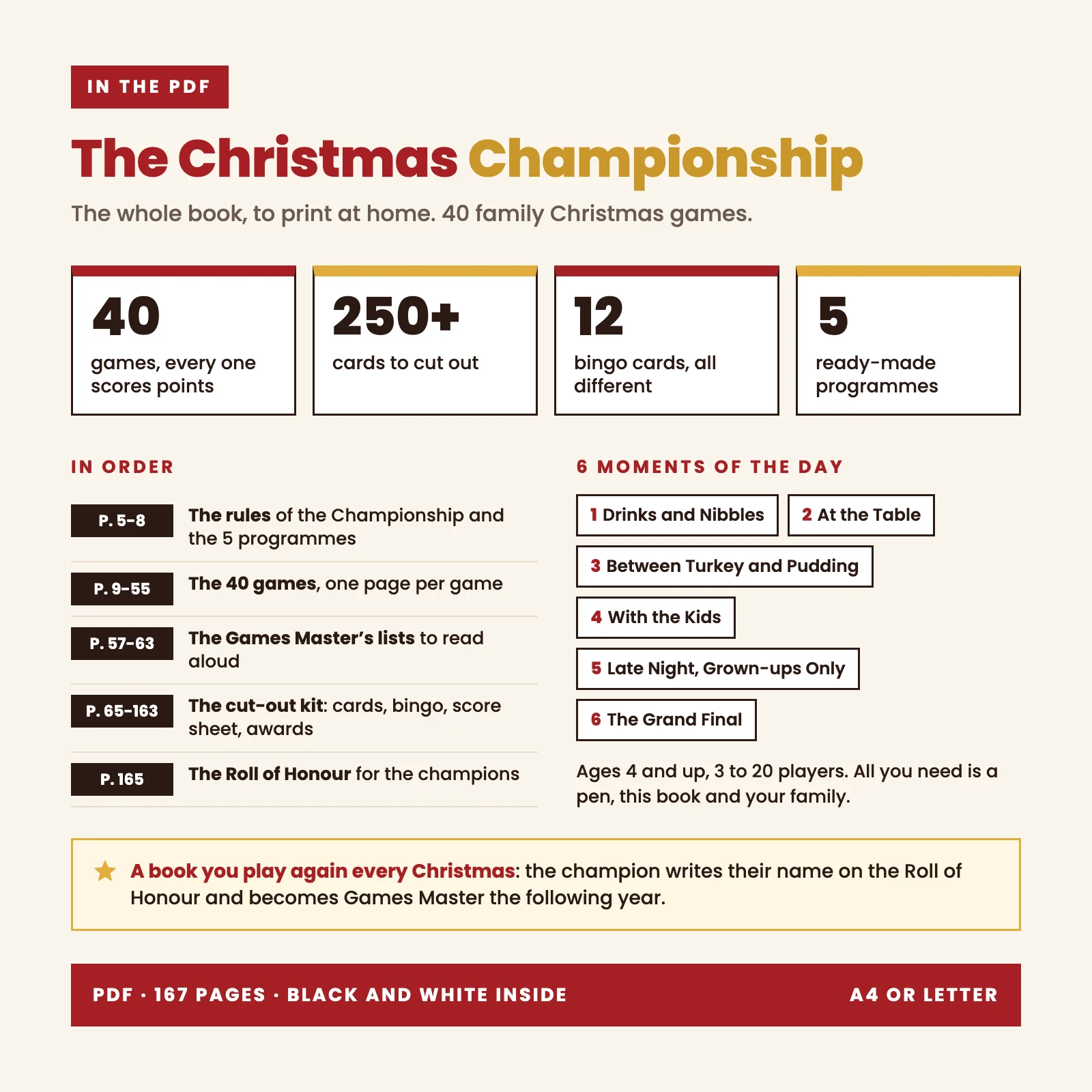What’s in the PDF: 40 games that score points, over 250 cards to cut out, 12 bingo cards, 5 ready-made programmes, 6 moments of the day from drinks to the grand final, the Games Master’s lists, Roll of Honour, 167 pages, black and white inside, A4 or Letter