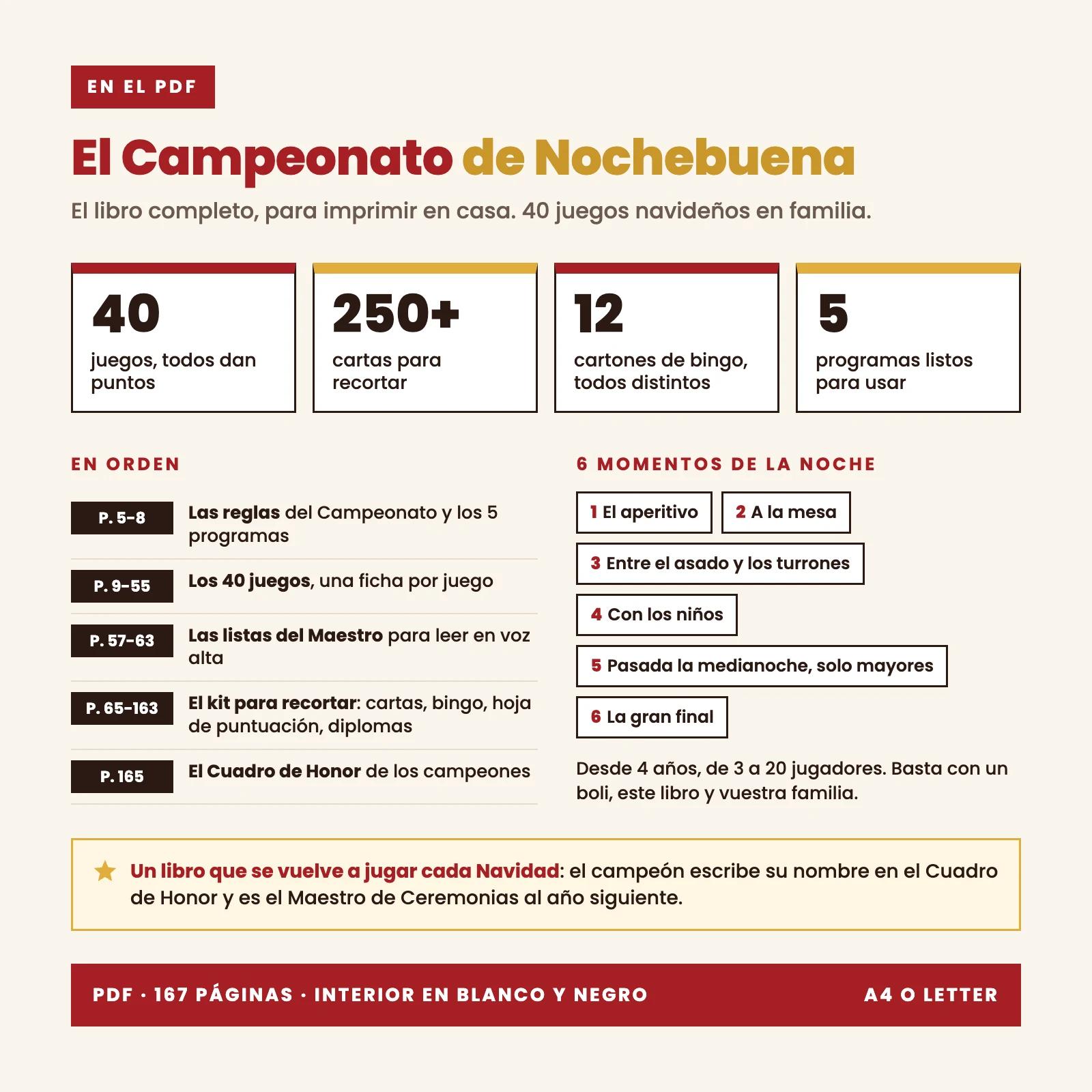Contenido del PDF: 40 juegos que dan puntos, más de 250 cartas para recortar, 12 cartones de bingo, 5 programas listos para usar, 6 momentos de la noche del aperitivo a la gran final, listas del Maestro de Ceremonias, Cuadro de Honor, 167 páginas, interior en blanco y negro, A4 o Letter