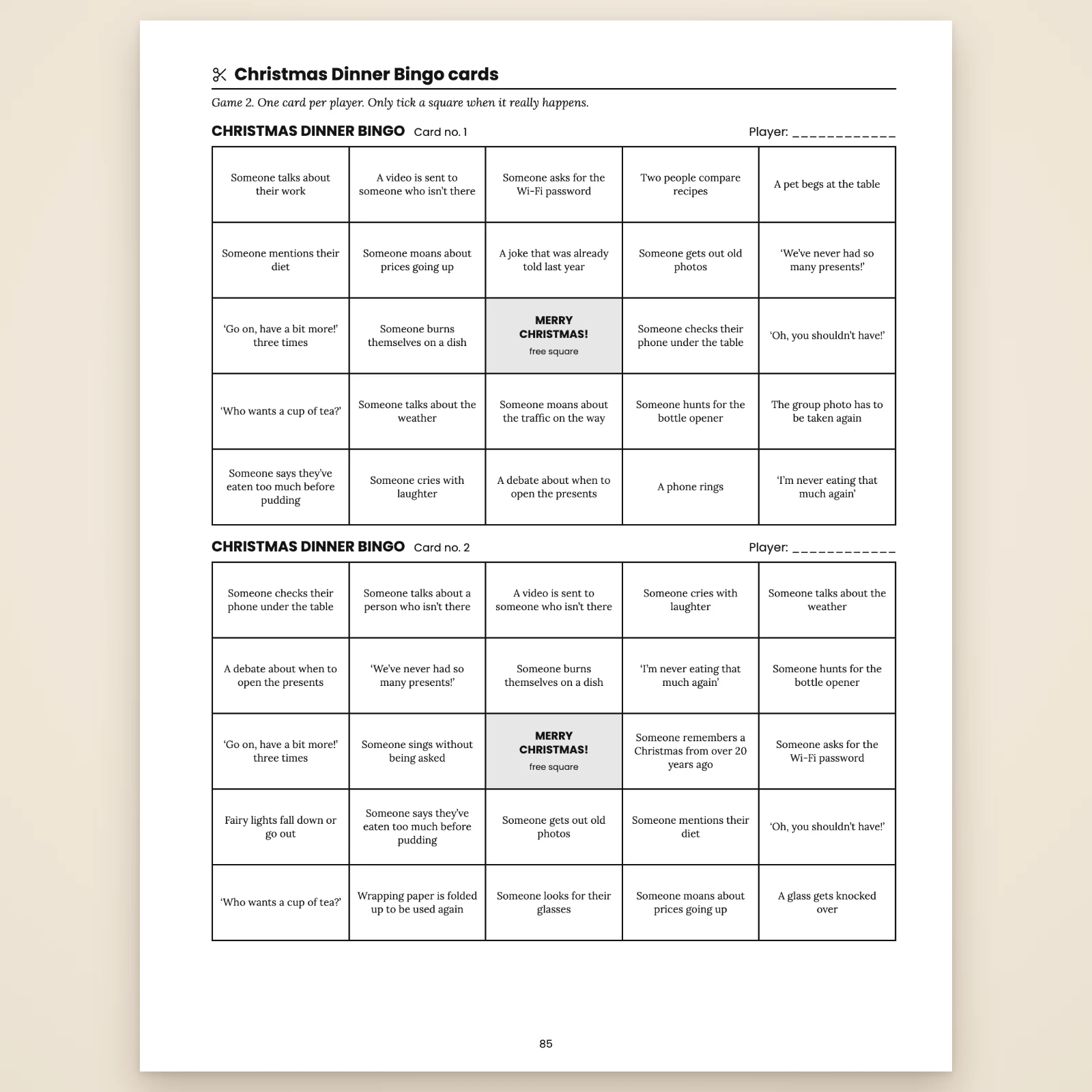 Page with Christmas Dinner Bingo cards no. 1 and 2: 5 × 5 dinner situations to tick off, such as “Someone asks for the Wi-Fi password” or “Someone hunts for the bottle opener”, free centre square “Merry Christmas!”