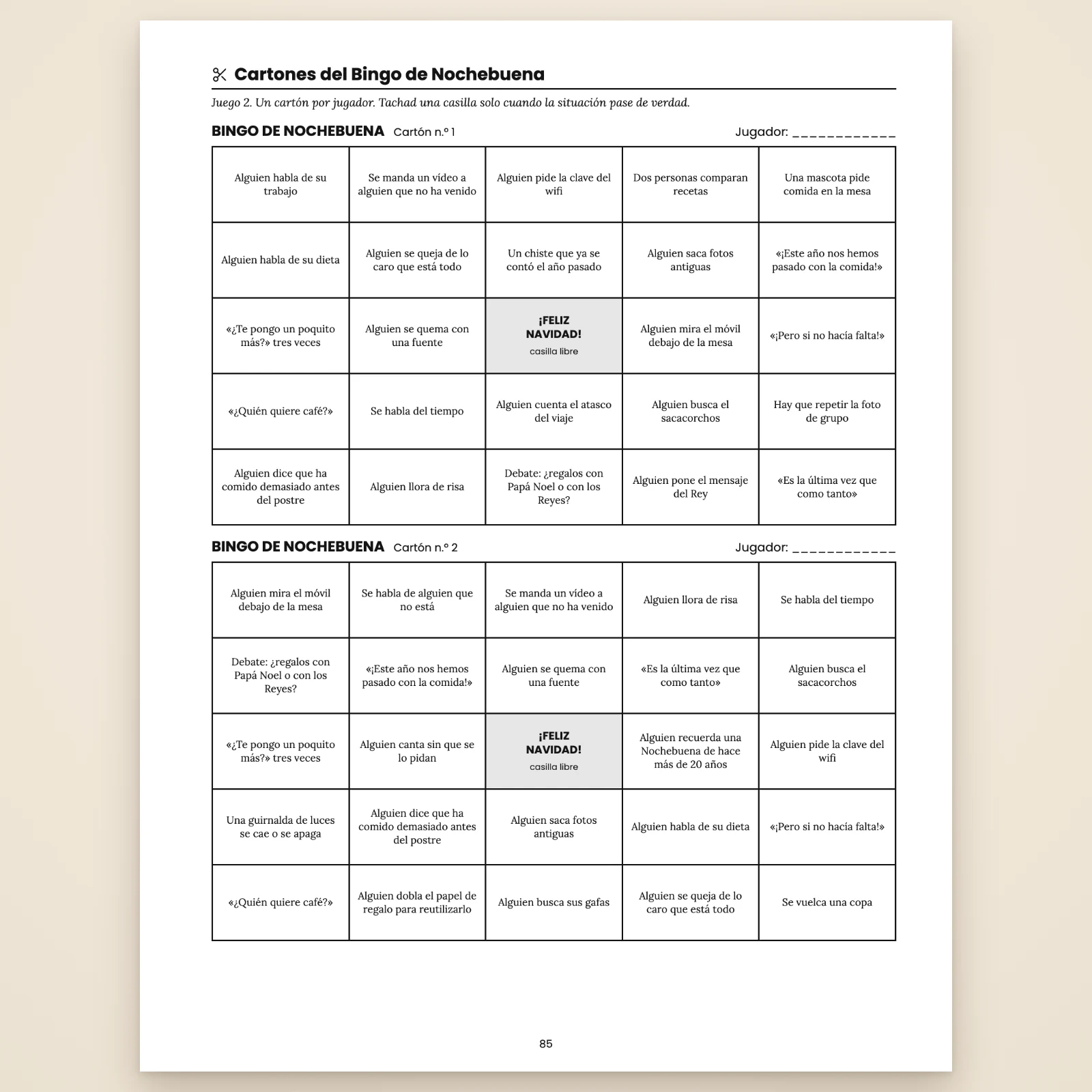 Página con los cartones n.º 1 y 2 del Bingo de Nochebuena: 5 × 5 situaciones de la cena para tachar, como «Alguien pide la clave del wifi» o «Alguien busca el sacacorchos», casilla central libre «¡Feliz Navidad!»