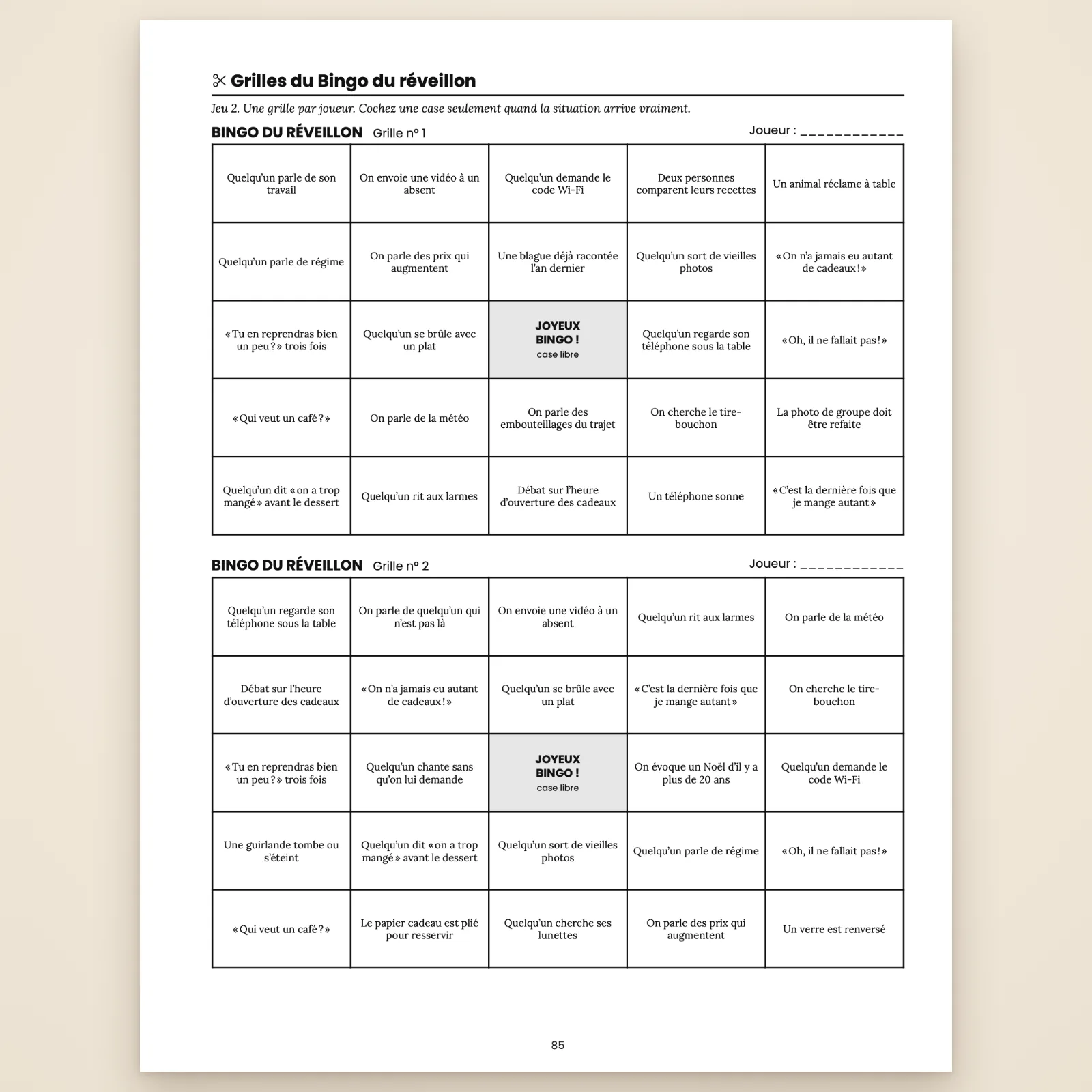 Page des grilles du Bingo du réveillon n° 1 et 2 : 5 × 5 situations du repas à cocher, comme « Quelqu'un demande le code Wi-Fi » ou « On cherche le tire-bouchon », case centrale « Joyeux bingo ! » libre