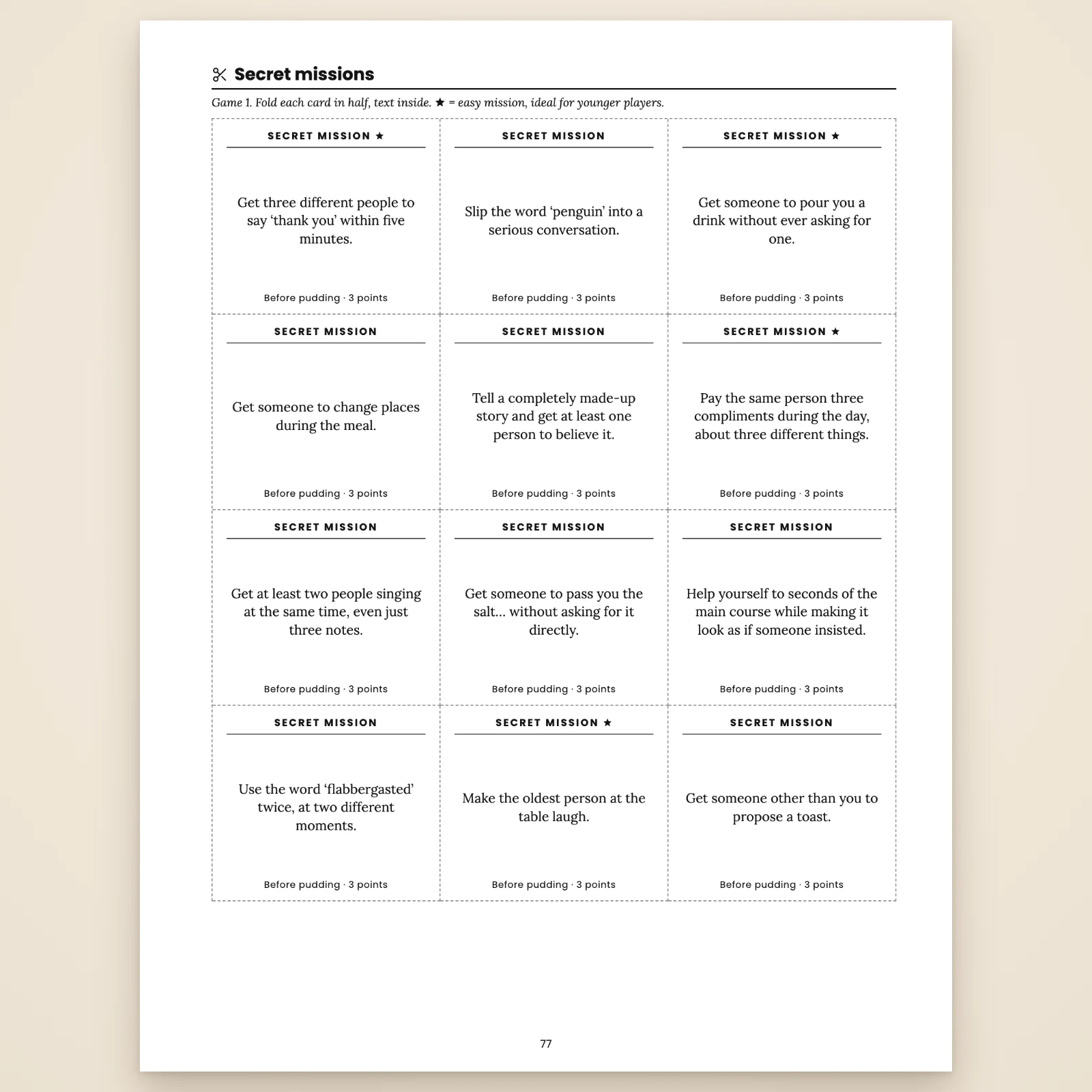 Cut-out kit page: 12 Secret Mission cards with dotted cutting lines, for example “Get someone to pour you a drink without ever asking for one”, easy missions marked with a star, 3 points each