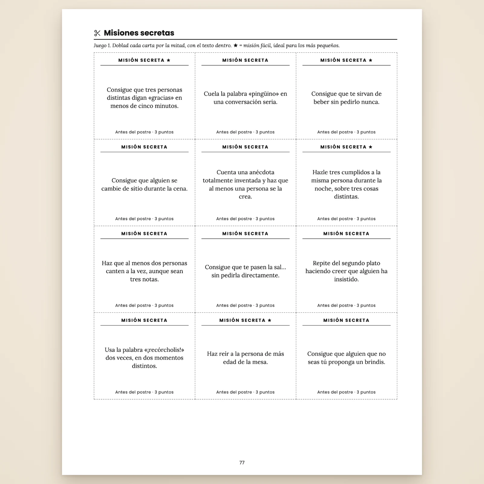 Página del kit para recortar: 12 cartas Misión secreta con líneas de corte punteadas, por ejemplo «Consigue que te sirvan de beber sin pedirlo nunca», las misiones fáciles marcadas con una estrella, 3 puntos cada una