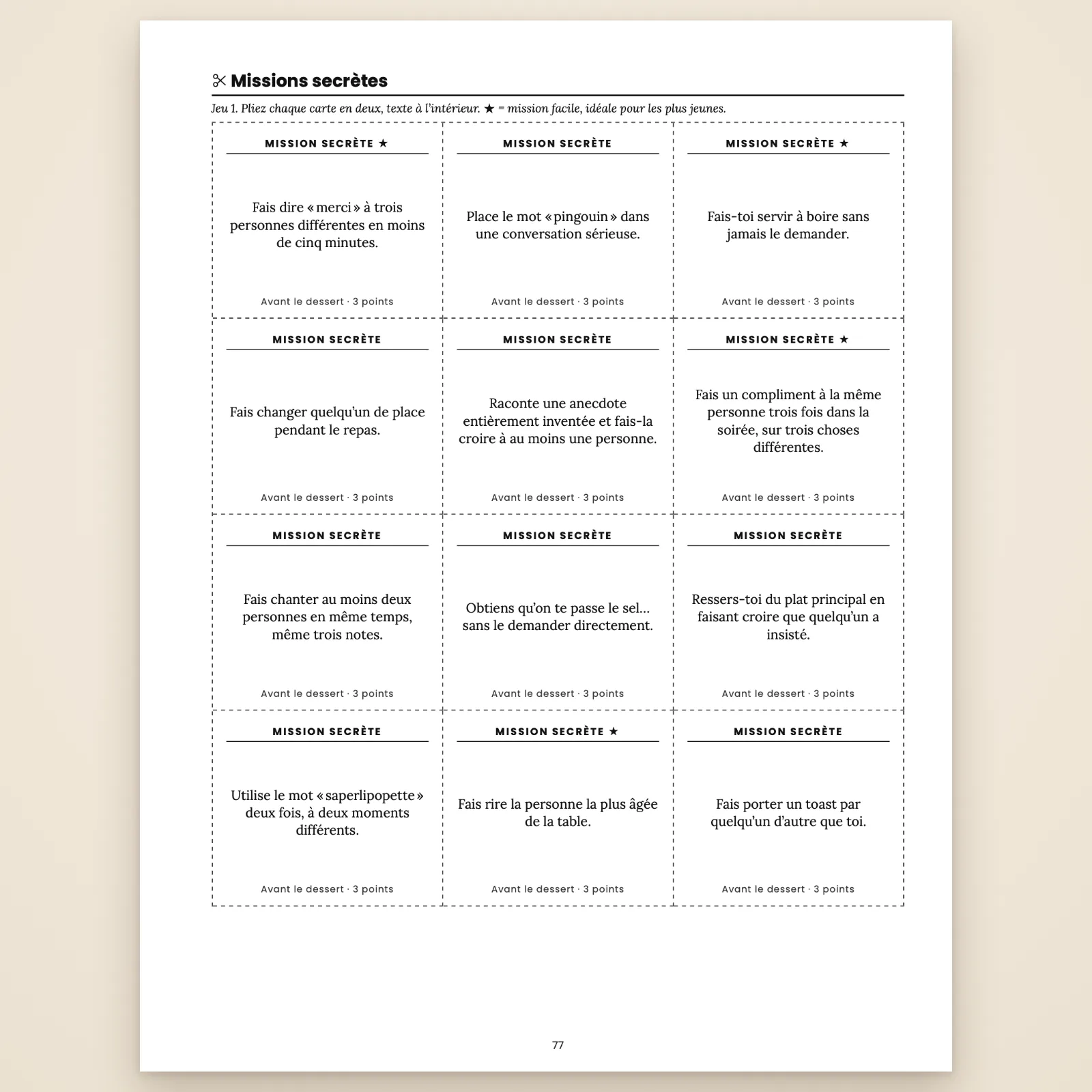 Page du kit à découper : 12 cartes Missions secrètes avec pointillés de découpe, par exemple « Fais-toi servir à boire sans jamais le demander », les missions faciles marquées d'une étoile, 3 points chacune